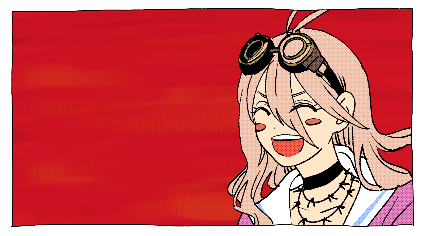 krmtknkoo1582, iruma miu, danganronpa (series), danganronpa v3: killing harmony, commentary request, highres, 1girl, ^ ^, antenna hair, barbed wire, black-framed eyewear, black choker, blonde hair, blush stickers, border, choker, closed eyes, dot nose, eyelashes, goggles, goggles on head, gold buttons, hair between eyes, happy, jewelry, long hair, long hair between eyes, necklace, open mouth, pink shirt, red background, round eyewear, sailor collar, school uniform, serafuku, shirt, simple background, smile, solo, teeth, upper body, upper teeth only, v-shaped eyebrows, wavy hair, white border, white sailor collar