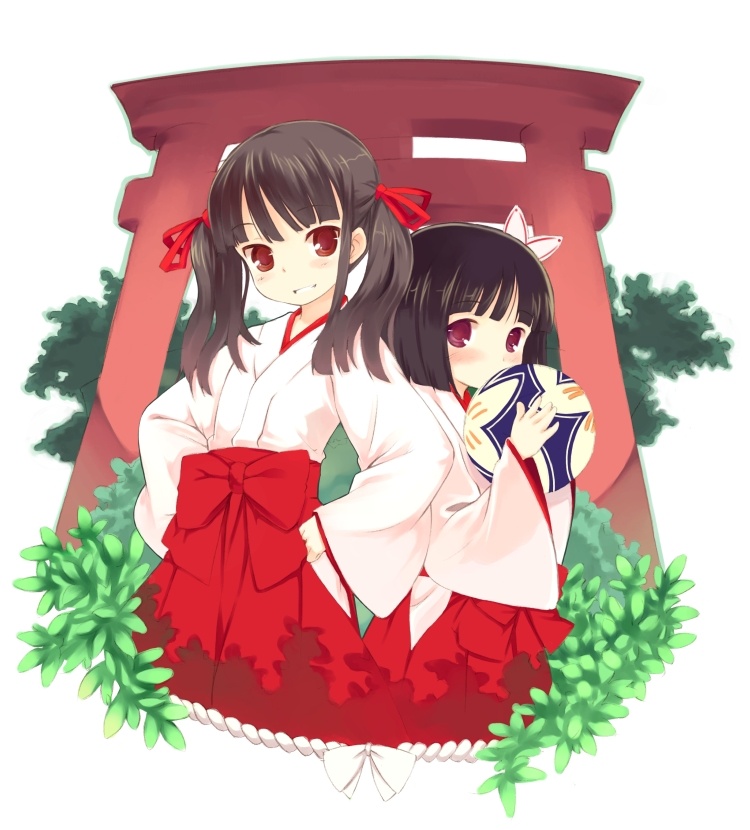 kurasuke, original, 2girls, ball, black hair, bob cut, brown hair, hair ribbon, hakama, hakama skirt, hands on own hips, japanese clothes, looking at viewer, miko, multiple girls, purple eyes, red eyes, red hakama, ribbon, short hair, skirt, temari ball, torii, twintails