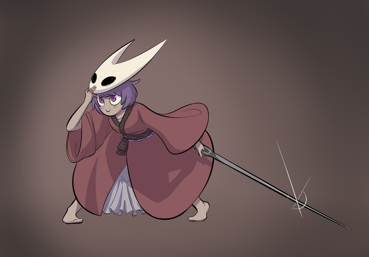 hornet (hollow knight), sukuna shinmyoumaru, hollow knight, touhou, commentary, hashtag-only commentary, 1girl, azanny, brown background, character mask, closed mouth, glint, holding, holding needle, japanese clothes, kimono, long sleeves, mask, mask on head, needle, needle sword, obi, purple eyes, purple hair, red kimono, sash, smile, solo, white mask, wide sleeves