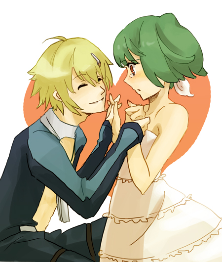yoshi 92, brera sterne, ranka lee, macross, macross frontier, bad id, bad pixiv id, 00s, 1boy, 1girl, blonde hair, brother and sister, closed eyes, couple, dress, green hair, hair ornament, hairpin, heart, hetero, holding hands, red eyes, short hair, siblings, smile, tears, twintails