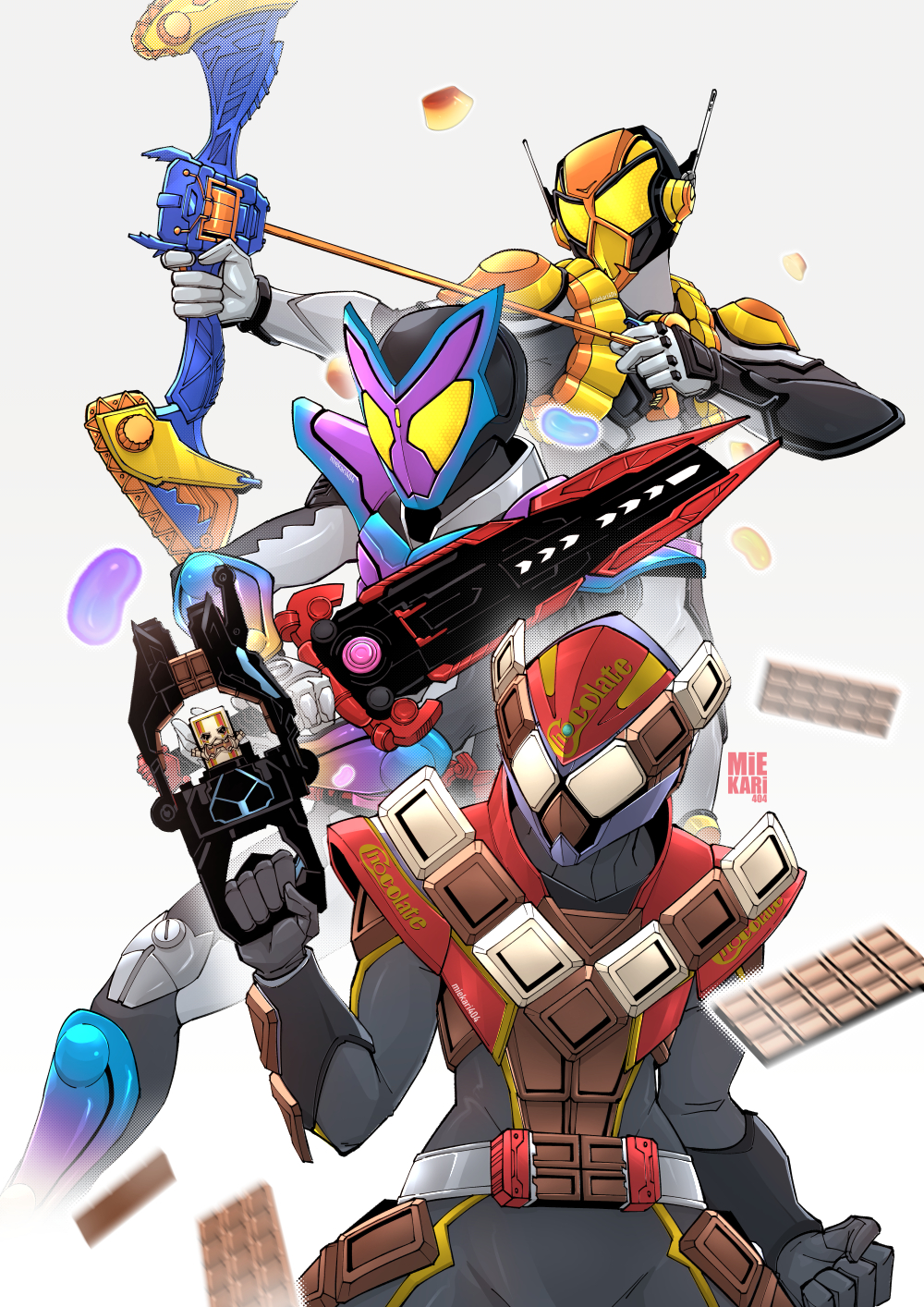mie kari, kamen rider gavv, kamen rider valen, kamen rider vram, kamen rider, kamen rider gavv (series), highres, 3boys, artist name, belt, bow (weapon), candy, chocolate, chocolate bar, clenched hand, drawing bow, food, gavvgablade, gochizo, gummy candy, gun, holding, holding bow (weapon), holding gun, holding sword, holding weapon, male focus, multiple boys, pudding, sword, tokusatsu, valenbuster, vrambreaker, weapon