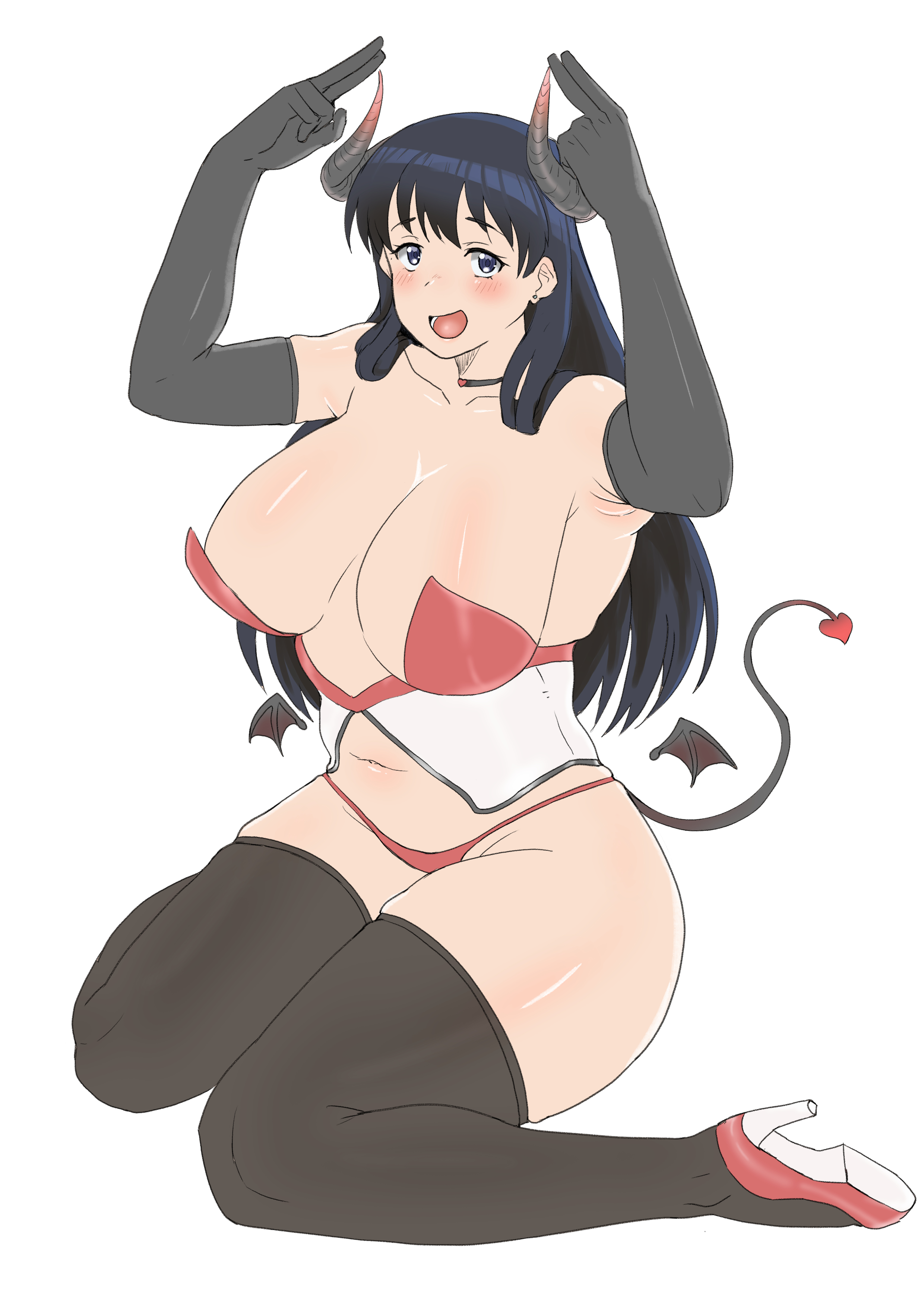 drawfag, arato nagi, ruri no houseki, absurdres, bad link, highres, 1girl, :d, armpits, arms up, bare shoulders, bikini, black thighhighs, blush, boots, breasts, choker, demon girl, demon tail, elbow gloves, gloves, high heel boots, high heels, horns, large breasts, long hair, navel, open mouth, sitting, smile, solo, swimsuit, tail, thighhighs, wariza, white background