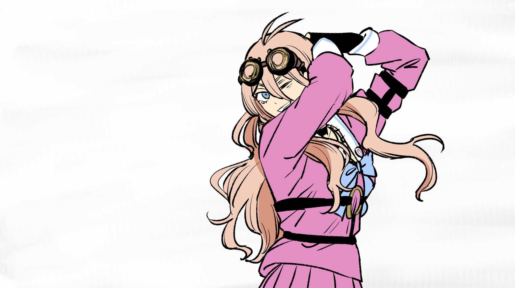 krmtknkoo1582, iruma miu, danganronpa (series), danganronpa v3: killing harmony, commentary request, highres, 1girl, antenna hair, arm belt, badge, barbed wire, belt, black-framed eyewear, black belt, black choker, black gloves, blonde hair, blue bow, blue bowtie, blue eyes, bow, bowtie, breasts, chest belt, choker, cowboy shot, dot nose, eyelashes, fingerless gloves, gloves, goggles, goggles on head, gold buckle, hair between eyes, hands on own head, happy, jewelry, long hair, long hair between eyes, long sidelocks, long sleeves, looking at viewer, multiple belts, necklace, o-ring, o-ring belt, one eye closed, open mouth, own hands together, pink serafuku, pink shirt, pink skirt, pleated skirt, round eyewear, sailor collar, school uniform, serafuku, shirt, sidelocks, simple background, skirt, skirt set, smile, solo, standing, stretching, teeth, upper teeth only, v-shaped eyebrows, very long hair, wavy hair, white background, white sailor collar