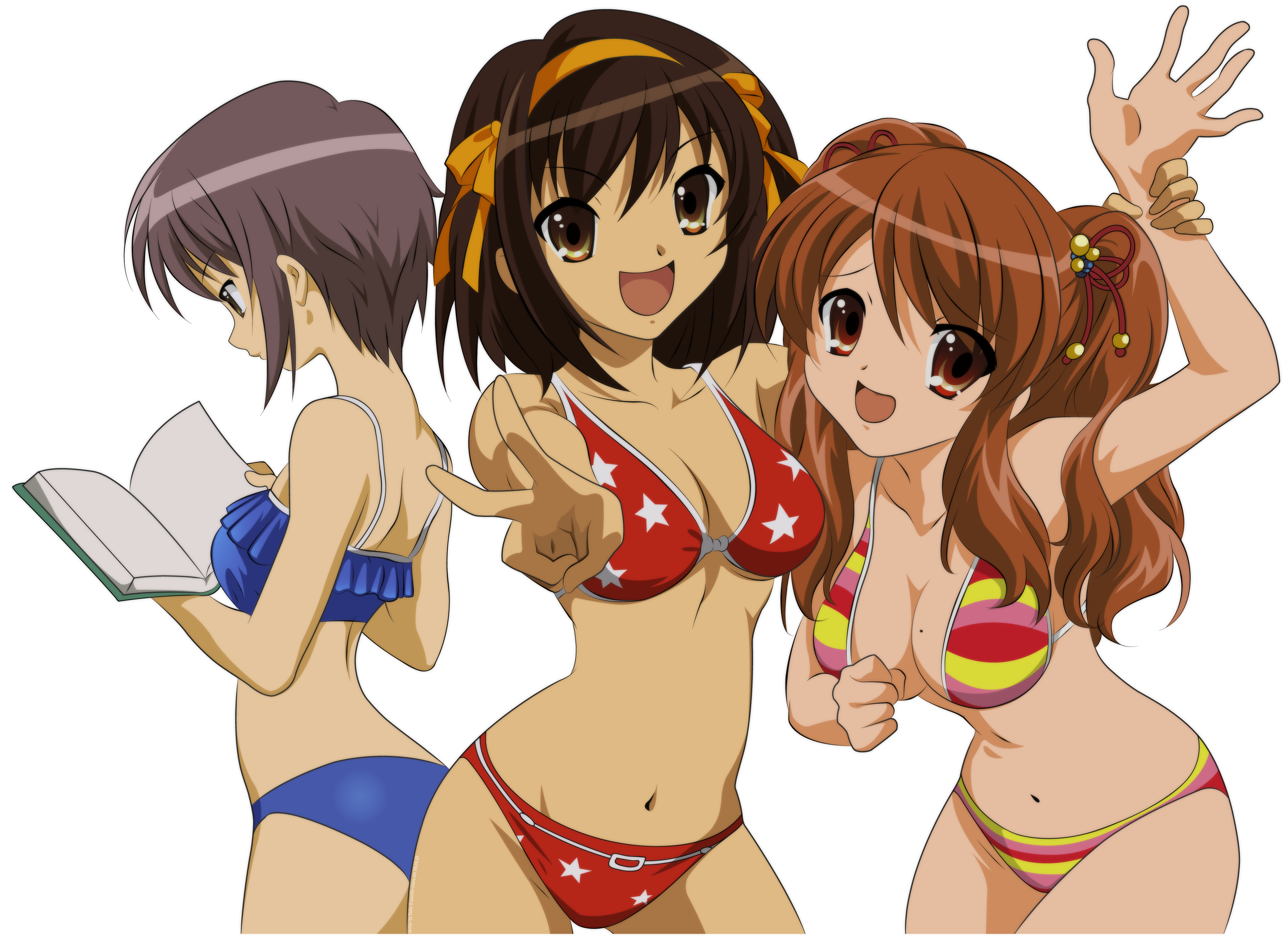 asahina mikuru, nagato yuki, suzumiya haruhi, suzumiya haruhi no yuuutsu, absurdres, derivative work, highres, vector trace, 00s, 3girls, bikini, book, breasts, brown hair, cleavage, foreshortening, hair ribbon, large breasts, long hair, medium breasts, midriff, mole, mole on breast, multiple girls, navel, open mouth, ribbon, short hair, swimsuit, transparent background, v