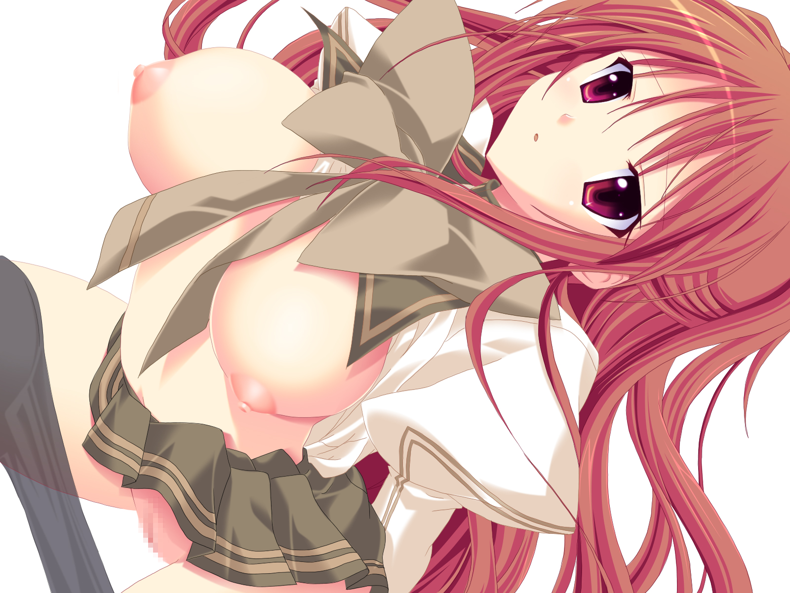 kuresu (alice-pma), original, bad id, bad pixiv id, highres, 1girl, breasts, censored, clothes pull, female focus, large breasts, long hair, nipples, open clothes, open shirt, pantyhose, pantyhose pull, puffy nipples, pussy, red eyes, red hair, school uniform, serafuku, shirt, solo