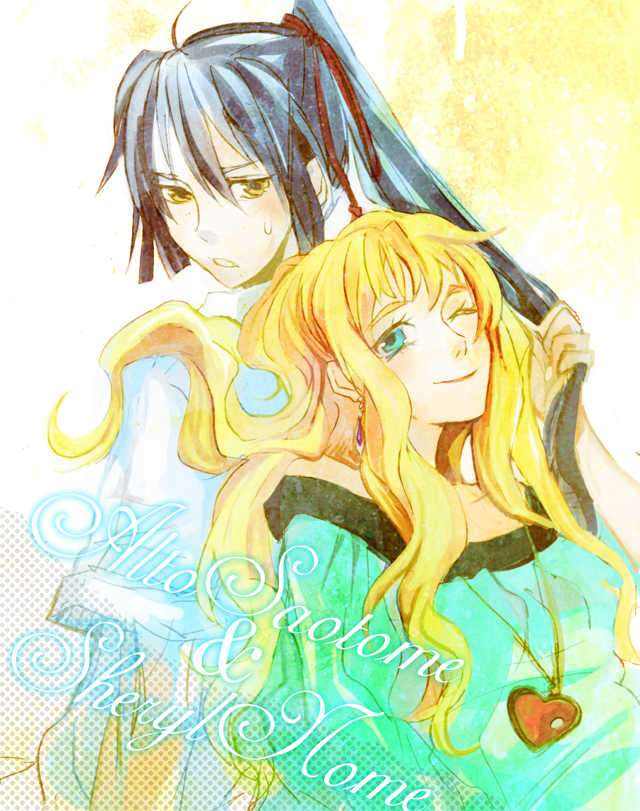mooche, saotome alto, sheryl nome, macross, macross frontier, 00s, 1boy, 1girl, aqua eyes, blonde hair, blue hair, couple, earrings, grabbing another's hair, hetero, holding another's hair, jewelry, long hair, one eye closed, pendant, ribbon, wink, yellow eyes
