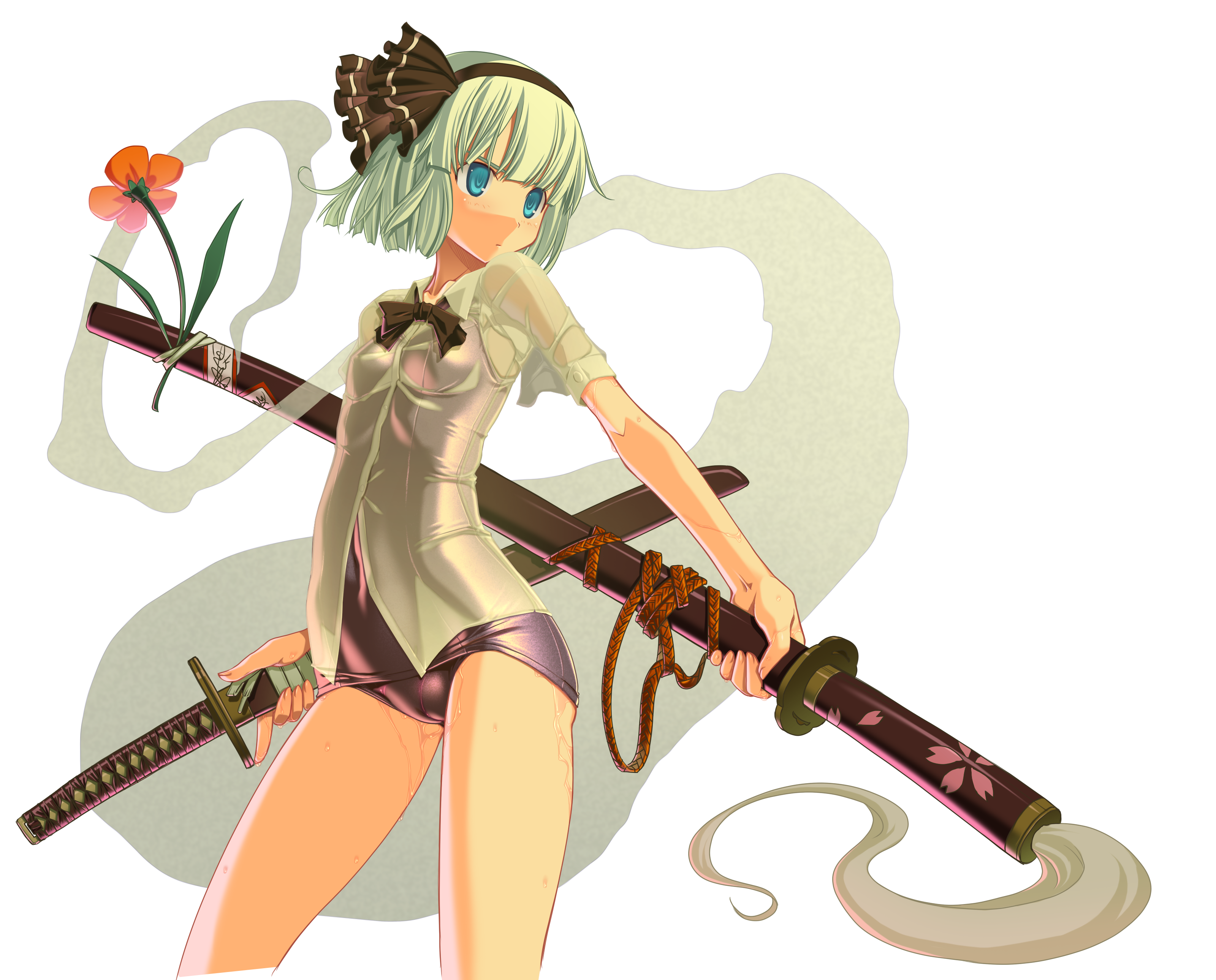 sakuya tsuitachi, konpaku youmu, konpaku youmu (ghost), touhou, silver hair, absurdres, highres, 1girl, black one-piece swimsuit, blue eyes, breasts, cameltoe, cowboy shot, female focus, flower, ghost, hairband, hitodama, katana, no pants, one-piece swimsuit, ribbon, scabbard, school swimsuit, see-through clothes, sheath, sheathed, shiny clothes, shirt, short hair, simple background, small breasts, solo, swimsuit, swimsuit under clothes, sword, thighs, weapon, wet, wet clothes, wet shirt, white background