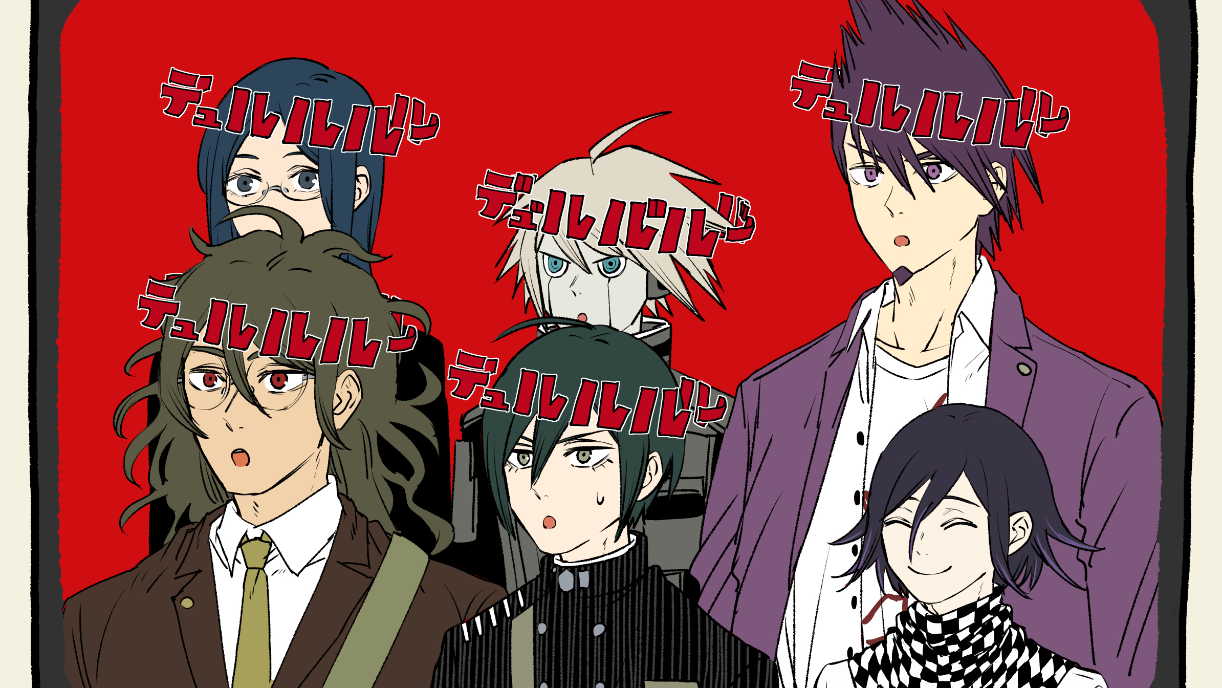 krmtknkoo1582, gokuhara gonta, k1-b0, momota kaito, oma kokichi, saihara shuichi, shirogane tsumugi, danganronpa (series), danganronpa v3: killing harmony, highres, translation request, 1girl, 5boys, ^ ^, ahoge, android, aqua hair, bag, black jacket, black scarf, blazer, blue eyes, blue hair, border, breast pocket, brown jacket, buttons, checkered clothes, checkered scarf, closed eyes, coat, coat partially removed, collarbone, collared coat, collared jacket, collared shirt, colored tips, covered mouth, dark-skinned male, dark skin, double-breasted, facial hair, formal clothes, gakuran, glasses, goatee, green hair, green necktie, grey border, grey eyes, hair between eyes, happy, height difference, high collar, jacket, lapel pin, lapels, long eyelashes, long hair, long sleeves, looking ahead, messy hair, multicolored hair, multiple boys, necktie, nostrils, notched lapels, open clothes, open jacket, open mouth, pale skin, pillarboxed, pinstripe jacket, pinstripe pattern, pocket, purple coat, purple eyes, purple hair, red background, red eyes, round eyewear, scarf, school uniform, shirt, short hair, shoulder bag, smile, spiked hair, surprised, sweatdrop, teeth, thick eyebrows, two-tone scarf, undershirt, upper body, upper teeth only, v-neck, white jacket, white scarf, white shirt