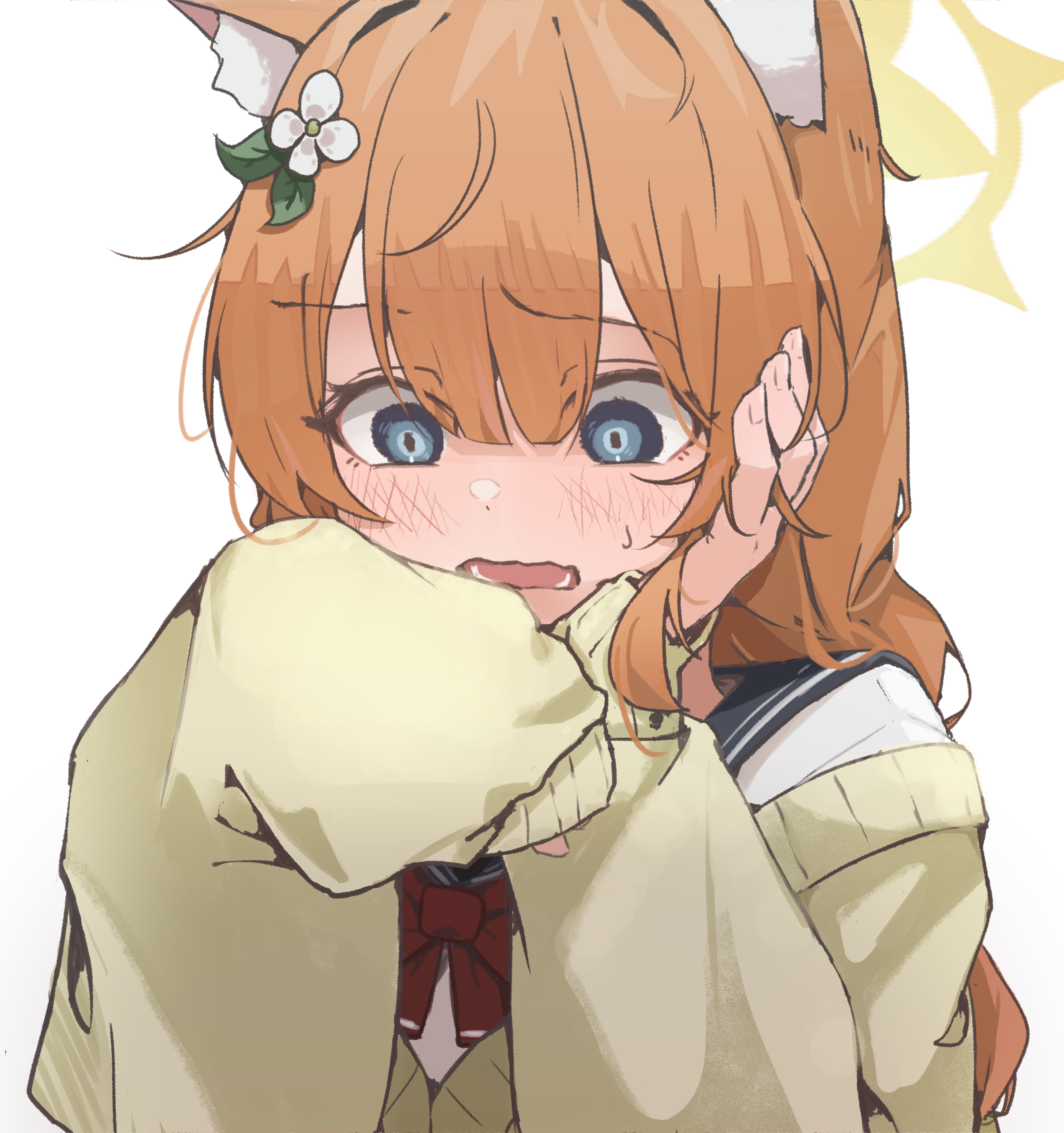 mangotonic, mari (blue archive), blue archive, absurdres, commentary request, highres, 1girl, alternate costume, animal ear fluff, animal ears, blue eyes, blue sailor collar, blush, bow, bowtie, cardigan, cat ears, cat girl, extra ears, hair between eyes, halo, hand on own ear, long hair, long sleeves, looking afar, orange hair, red bow, red bowtie, sailor collar, school uniform, serafuku, sidelocks, simple background, solo, surprised, sweatdrop, upper body, white background, white serafuku, yellow cardigan, yellow halo
