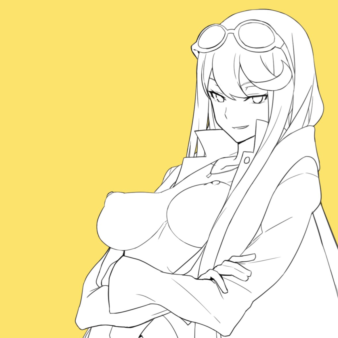 kp944113, kuremi kyouko, digimon, digimon story: cyber sleuth, 1girl, crossed arms, greyscale with colored background, lineart, long hair, nipples, open clothes, open shirt, solo, upper body