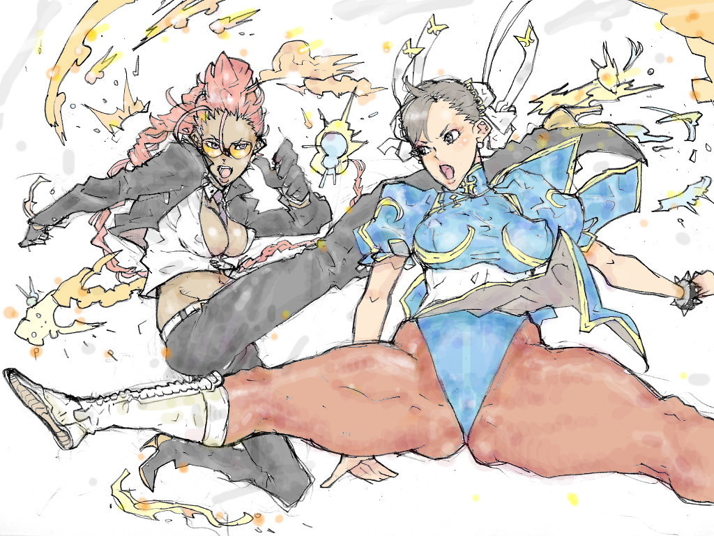 kyuraa (kyura9een), chun-li, crimson viper, capcom, street fighter, street fighter iv (series), 2girls, battle, between breasts, breasts, bun cover, china dress, chinese clothes, cleavage, double bun, dress, fighting, glasses, kicking, large breasts, leather, mature female, multiple girls, necktie, necktie between breasts, pantyhose, pelvic curtain, pompadour, red hair, sash, thick thighs, thighs