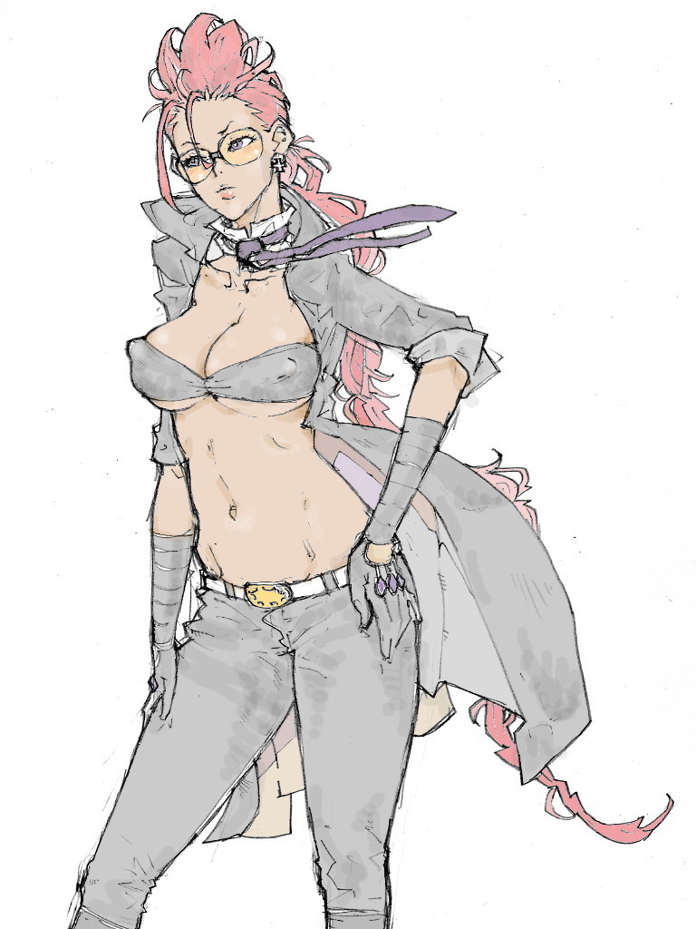 kyuraa (kyura9een), crimson viper, capcom, street fighter, street fighter iv (series), 1girl, alternate costume, breasts, cleavage, female focus, glasses, gloves, large breasts, leather, mature female, necktie, pompadour, red hair, solo