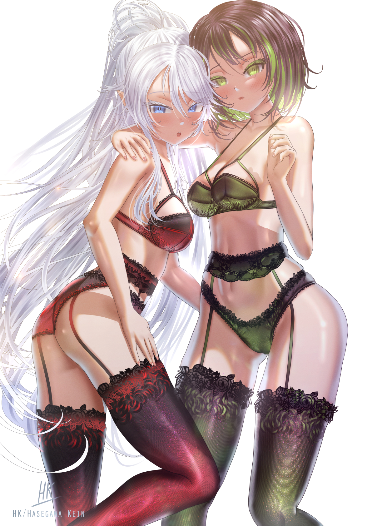 kein hasegawa, original, highres, 2girls, blue eyes, bra, breasts, brown hair, elf, fantasy, green eyes, green hair, lingerie, long hair, looking at viewer, multicolored hair, multiple girls, panties, pointy ears, short hair, small breasts, thighs, underwear, very long hair, white hair