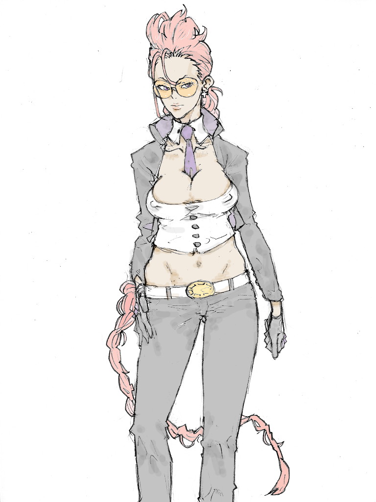 kyuraa (kyura9een), crimson viper, capcom, street fighter, street fighter iv (series), 1girl, between breasts, breasts, cleavage, female focus, glasses, large breasts, leather, mature female, necktie, necktie between breasts, pompadour, red hair, solo