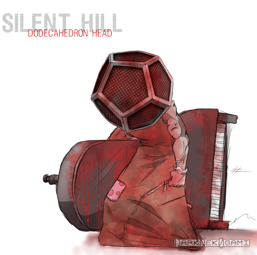 pyramid head, pyramidhead, silent hill, silent hill (series), 1boy, blood, gloves, instrument, mask, muscular, parody, patch, piano, watermark, what, white background, zipper