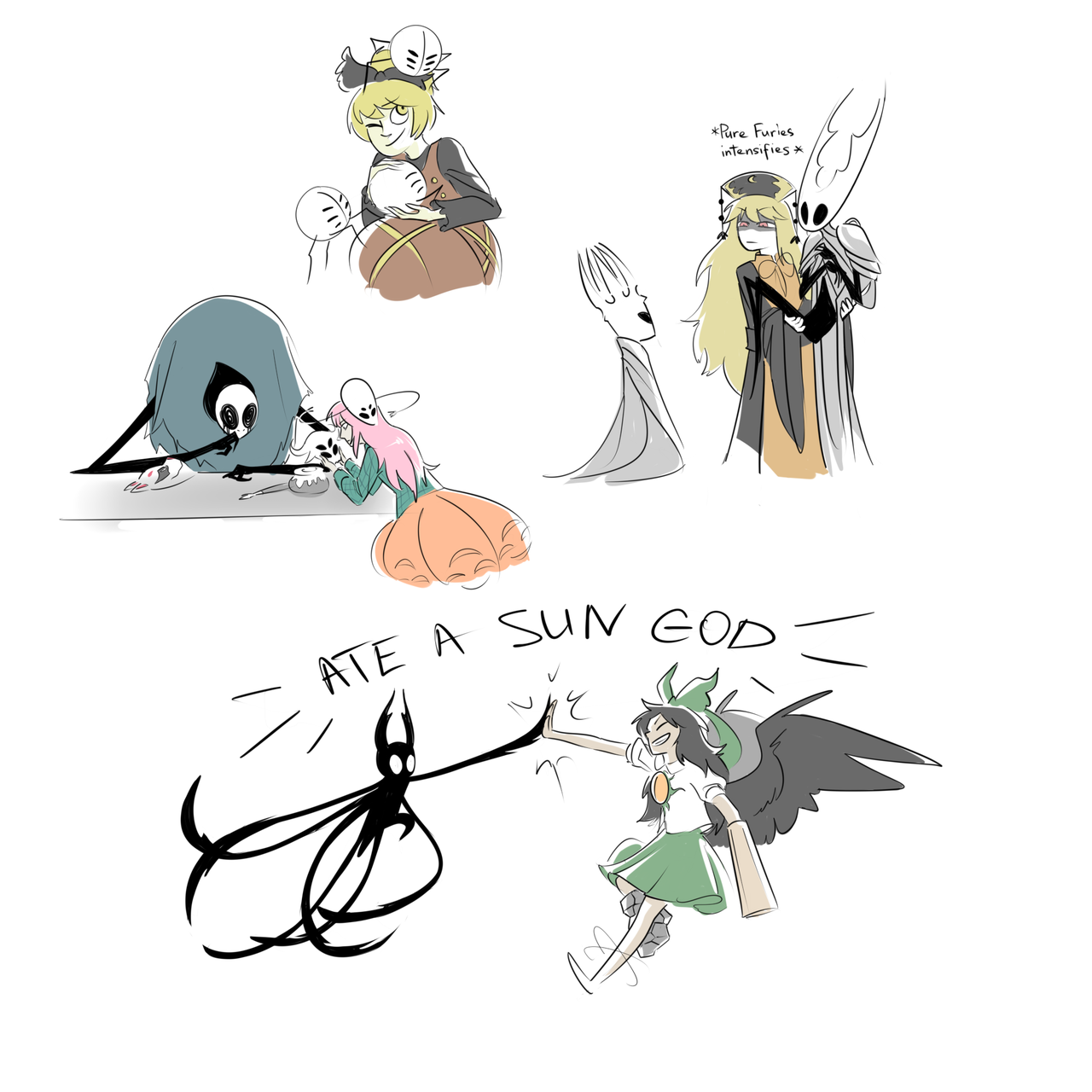 hata no kokoro, hollow knight (character), junko (touhou), knight (hollow knight), kurodani yamame, mask maker (hollow knight), pale king (hollow knight), reiuji utsuho, weaverling (hollow knight), hollow knight, touhou, commentary, english commentary, hashtag-only commentary, highres, 1boy, 3others, 4girls, angry, aqua shirt, arm cannon, armor, atom, azanny, bird wings, black skin, black wings, blonde hair, bow, brown bow, brown dress, bug, carrying, carrying person, closed mouth, colored skin, creature on head, crossover, dalachi (headdress), dress, english text, fox mask, green bow, green skirt, grey cloak, hair bow, high five, holding, holding mask, hollow eyes, horned mask, long hair, mask, mask on head, multiple girls, multiple others, one eye closed, orange skirt, pinafore dress, pink hair, plaid clothes, plaid shirt, princess carry, pure vessel, shaded face, shirt, shoulder armor, skirt, sleeveless, sleeveless dress, smile, spider, third eye, third eye on chest, unworn mask, very long hair, weapon, white mask, wings, yellow eyes