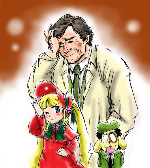 columbo, kunkun, lieutenant columbo, shinku, rozen maiden, green headwear, green neckwear, red headwear, 00s, 1boy, 1girl, :p, blonde hair, blue eyes, blush, brown background, coat, collared shirt, crossover, dog, dress, gradient background, hand in pocket, long hair, looking at viewer, necktie, raincoat, red dress, shirt, short hair, simple background, sketch, smile, standing, tongue, tongue out, white background, white shirt