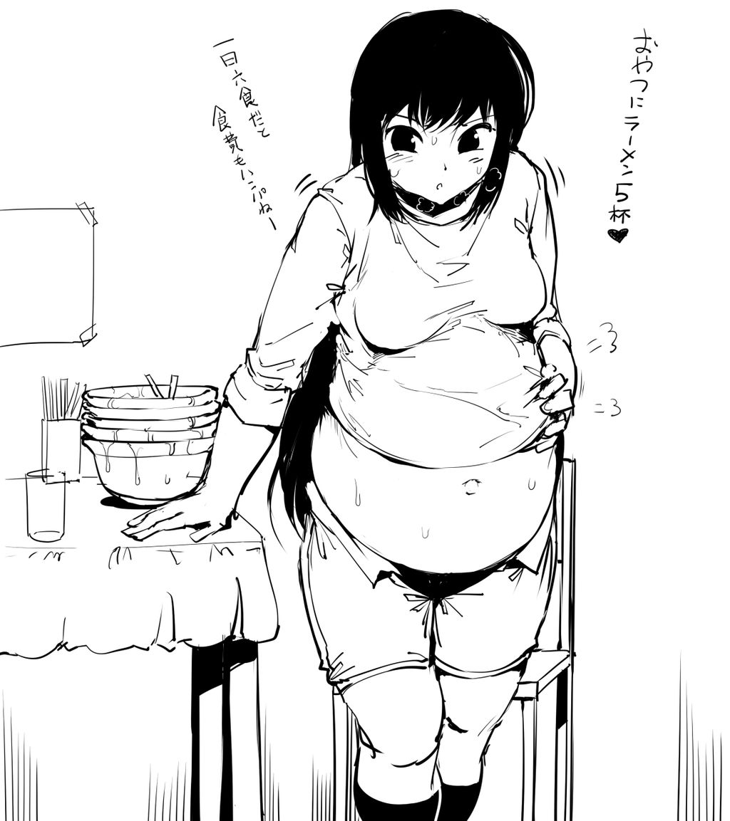 kumaneko, after meal, big belly, black hair, bloated, chopsticks, empty bowl, full stomach, greyscale, hand on own stomach, heavy breathing, long hair, monochrome, overeating, sweat