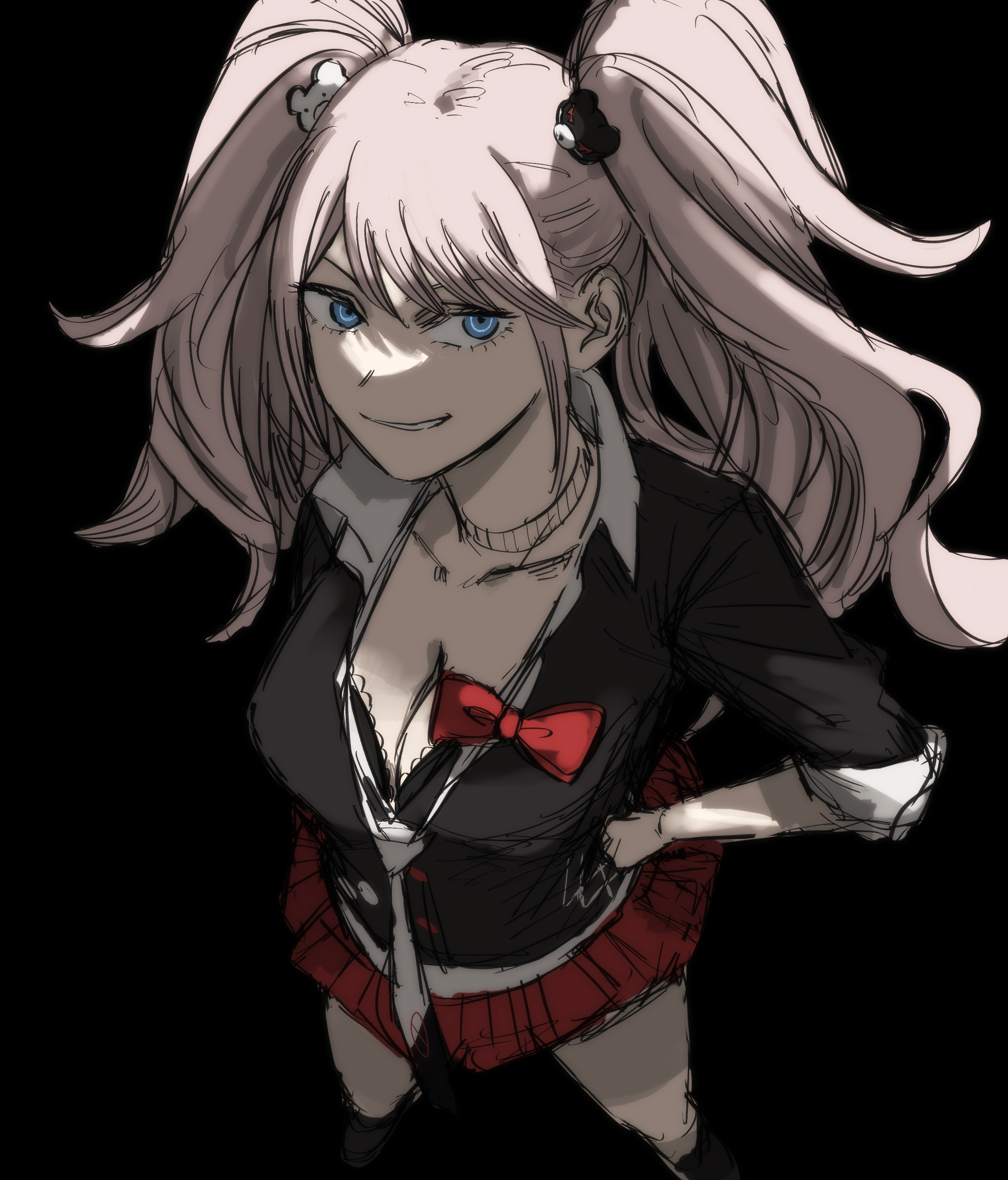 krmtknkoo1582, enoshima junko, danganronpa: trigger happy havoc, danganronpa (series), absurdres, commentary request, highres, 1girl, bear hair ornament, black background, black boots, black bra, black jacket, blonde hair, blue eyes, boots, bow, bowtie, bra, breasts, buttons, choker, circle skirt, cleavage, collarbone, collared shirt, dot nose, eyelashes, from above, full body, hair ornament, hands on own hips, jacket, lace, lace-trimmed bra, lace trim, lapels, large breasts, long hair, long sleeves, looking at viewer, microskirt, necktie, notched lapels, pleated skirt, red bow, red bowtie, red skirt, shirt, simple background, skirt, sleeve cuffs, smirk, smug, solo, swept bangs, three-quarter sleeves, twintails, underwear, v-shaped eyebrows, wavy hair, white necktie, white shirt