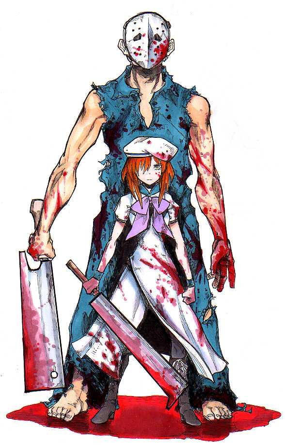 tsunamino, tsunamino yuu, rick, rick taylor, ryuuguu rena, higurashi no naku koro ni, namco, splatterhouse, jpeg artifacts, 00s, 1boy, 1girl, billhook, blood, cleaver, crossover, dress, hashitsuki nata, hat, hatchet, hockey mask, mask, nata (tool), orange hair, ribbon, trait connection