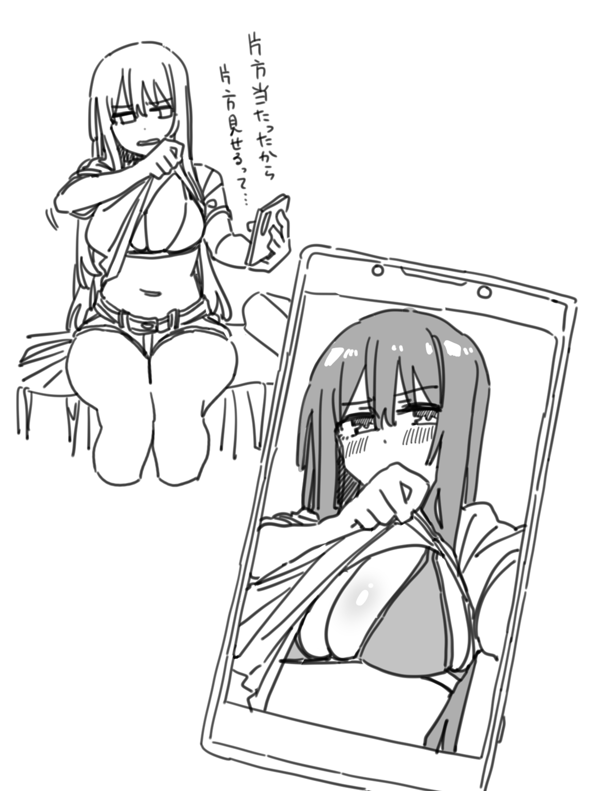 durindana 7, original, highres, tagme, breasts, clothes lift, large breasts, monochrome, navel, shirt lift, simple background, white background