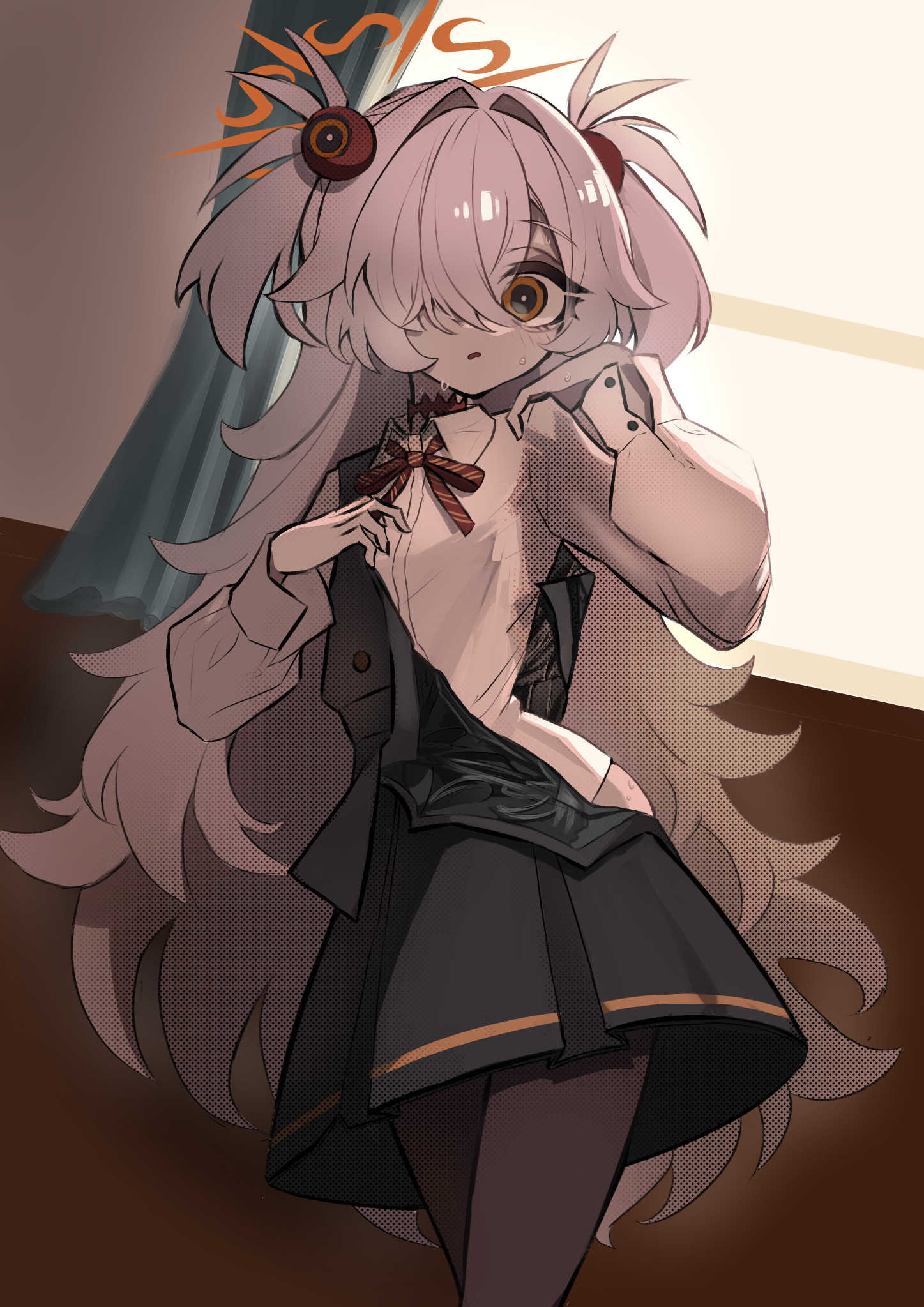 protectload, kanoe (blue archive), blue archive, commentary request, highres, 1girl, backlighting, black dress, black eyes, black pantyhose, bright pupils, brown eyes, choker, collared shirt, dress, grey hair, hair bobbles, hair ornament, hair over one eye, halo, hot, indoors, long sleeves, multicolored eyes, neck ribbon, orange halo, pale skin, pantyhose, pinafore dress, red choker, red ribbon, ribbon, shirt, sleeveless, sleeveless dress, solo, spiked choker, spikes, standing, sunlight, swept bangs, two-tone eyes, undressing, white pupils, white shirt, window
