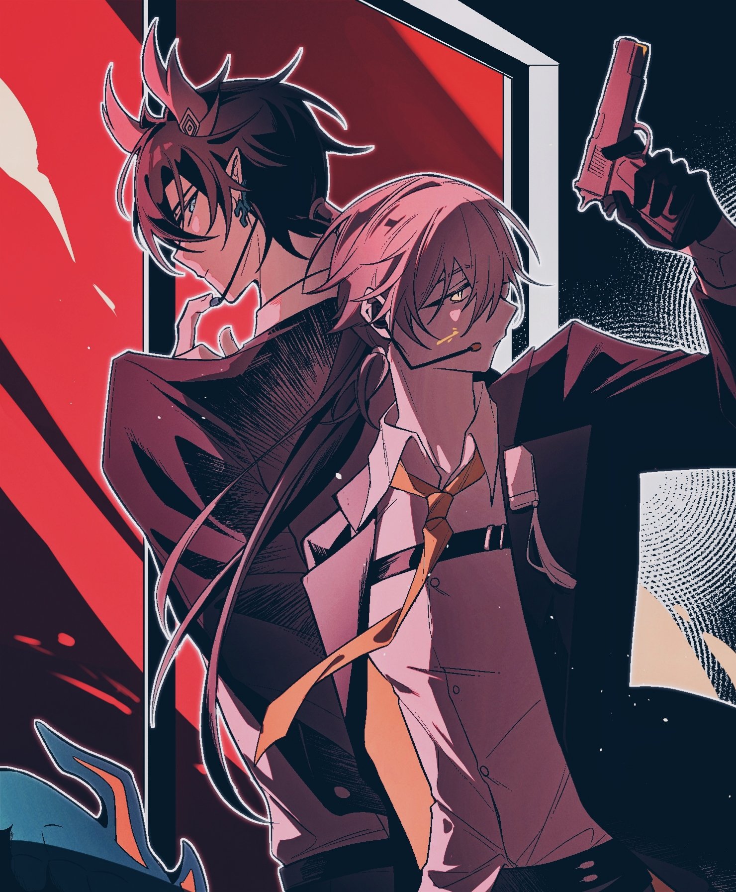 caelus (honkai: star rail), dan heng (honkai: star rail), dan heng (permansor terrae) (honkai: star rail), trailblazer (honkai: star rail), honkai: star rail, honkai (series), commentary request, highres, 2boys, alternate costume, black background, black gloves, black hair, black jacket, black necktie, black pants, blue eyes, closed mouth, collared shirt, dan heng (lurking) (honkai: star rail), dragon boy, dragon horns, dragon tail, earclip, fingernails, floating clothes, formal clothes, from behind, gloves, grey hair, gun, hair between eyes, hair ornament, hand up, handgun, holding, holding gun, holding weapon, horns, jacket, lapels, long hair, long sleeves, looking at another, looking back, looking to the side, low ponytail, male focus, microphone, multiple boys, necktie, official alternate costume, official alternate hairstyle, open clothes, open jacket, pants, pointy ears, ponytail, red background, shirt, short hair, short ponytail, tail, tassel, two-tone background, weapon, xianshuipao, yellow eyes, yellow necktie