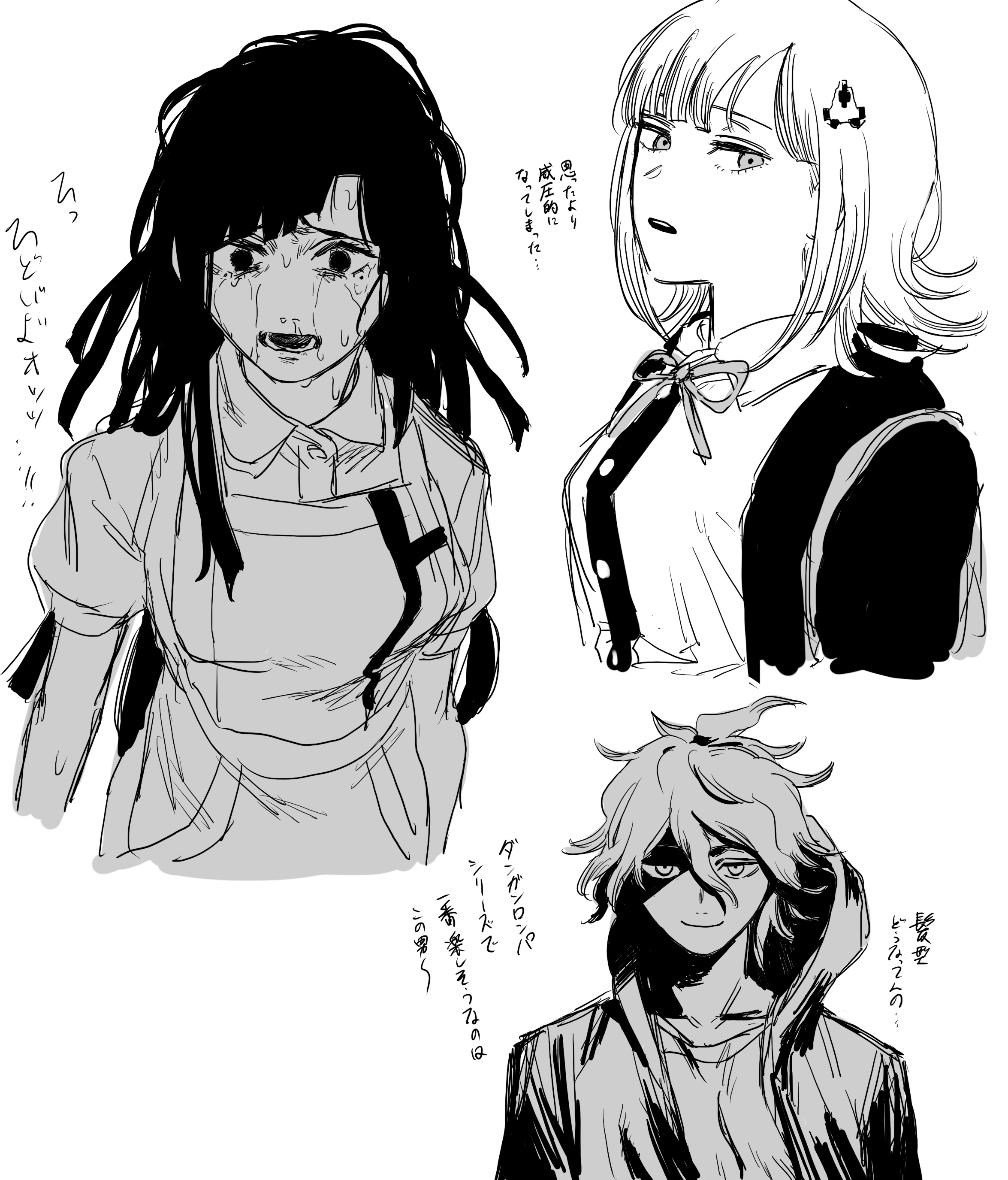 krmtknkoo1582, komaeda nagito, nanami chiaki, tsumiki mikan, danganronpa (series), danganronpa 2: goodbye despair, absurdres, commentary request, highres, translation request, 1boy, 2girls, ahoge, apron, asymmetrical bangs, asymmetrical sidelocks, back, blunt bangs, blunt ends, breasts, buttons, collarbone, collared shirt, cropped torso, eyelashes, greyscale, hair between eyes, hair ornament, hairclip, happy, head tilt, hood, hood down, hooded jacket, horrified, jacket, large breasts, long hair, long sleeves, looking ahead, looking at viewer, medium hair, messy hair, mole, mole under eye, monochrome, multiple girls, neck ribbon, nervous sweating, open clothes, open jacket, open mouth, partially shaded face, puffy short sleeves, puffy sleeves, raised inner eyebrows, ribbon, shirt, short hair, short sleeves, sidelocks, simple background, sweat, teeth, upper body, upper teeth only, very long hair, white background
