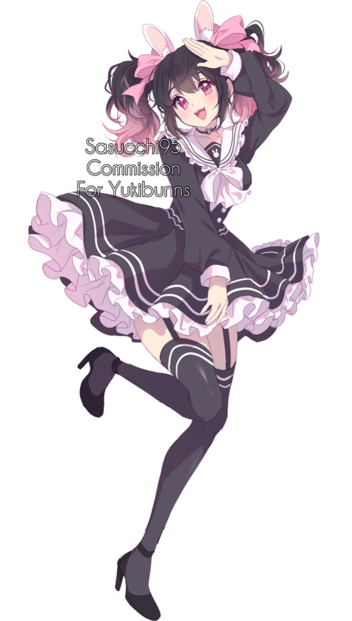 sasucchi95, indie virtual youtuber, commentary, commission, english commentary, highres, 1girl, :3, :d, animal ear fluff, animal ears, arm up, artist name, black choker, black hair, black shoes, black thighhighs, blush, bow, bowtie, breasts, buttons, choker, collarbone, double-parted bangs, double horizontal stripe, dress, fake animal ears, frilled sailor collar, frills, full body, garter straps, gradient hair, hair between eyes, hair bow, hand on own thigh, heart, heart choker, high heels, knees together feet apart, long sleeves, looking at viewer, medium breasts, medium hair, multicolored hair, open mouth, petticoat, pink bow, pink eyes, pink hair, puffy long sleeves, puffy sleeves, rabbit ears, sailor collar, shoes, short dress, simple background, smile, solo, standing, standing on one leg, teeth, thighhighs, tongue, twintails, two-tone hair, upper teeth only, watermark, white background, white bow, white bowtie, white sailor collar, yukibunns (vtuber), zettai ryouiki