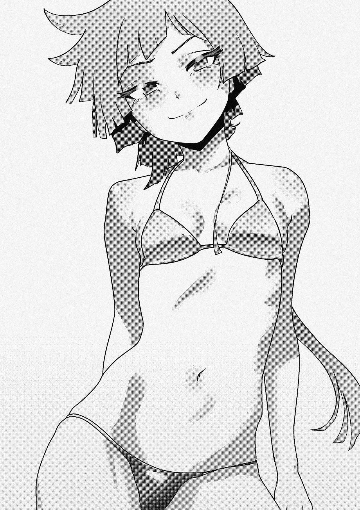 drawfag, busamen gachi fighter, artist request, bad link, highres, 1girl, bikini, blush, breasts, greyscale, karina (busamen gachi fighter), monochrome, navel, short hair, small breasts, smile, solo, standing, swimsuit
