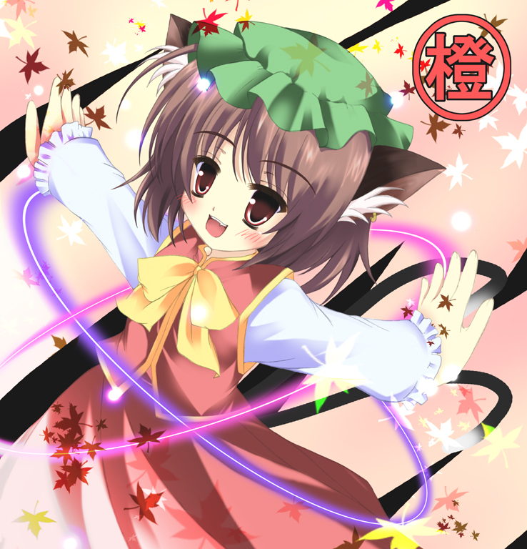 nagatsuki rio, chen, touhou, 1girl, animal ears, brown hair, cat ears, cat girl, cat tail, china dress, chinese clothes, dress, earrings, female focus, gradient background, hat, jewelry, leaf, ribbon, short hair, solo, tail