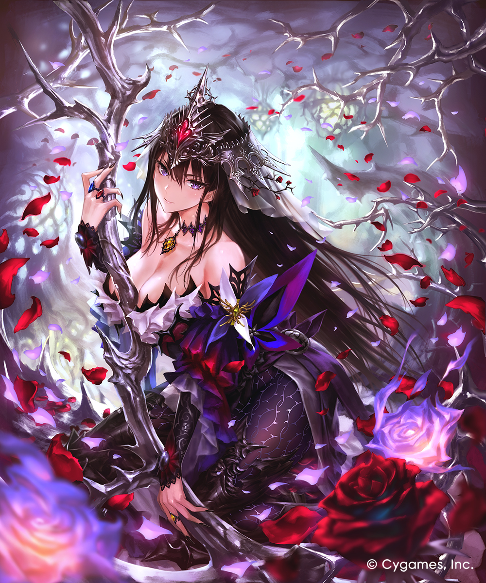 hisakata souji, rosetta (granblue fantasy), shadowverse, shadowverse: worlds beyond, commentary request, highres, official art, 1girl, bare shoulders, blush, breasts, brown hair, cleavage, company name, dress, flower, hair between eyes, hair flower, hair ornament, jewelry, large breasts, long hair, looking at viewer, purple eyes, purple flower, red flower, red rose, rose, smile, solo, thighhighs, very long hair