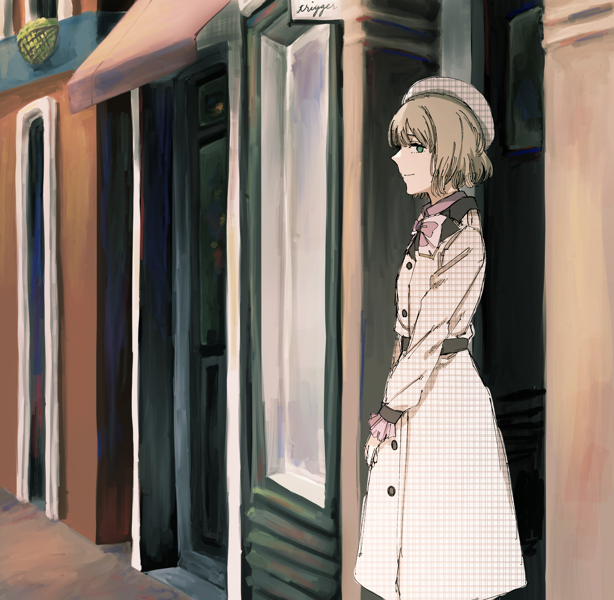 krmtknkoo1582, nasu rei, world trigger, commentary request, highres, 1girl, belt, beret, black belt, blonde hair, blue eyes, blunt bangs, bow, bowtie, buttons, closed mouth, coat, collared coat, collared shirt, day, door, eyelashes, feet out of frame, frilled sleeves, frills, hand on lap, happy, hat, lapels, long sleeves, looking at viewer, notched lapels, outdoors, pink bow, pink bowtie, pink shirt, plaid clothes, plaid coat, plaid hat, pointy nose, puffy long sleeves, puffy sleeves, shirt, shop, short hair, signature, smile, solo, standing, two-tone bow, two-tone bowtie, unmoving pattern, white bow, white bowtie, white coat, white hat, window