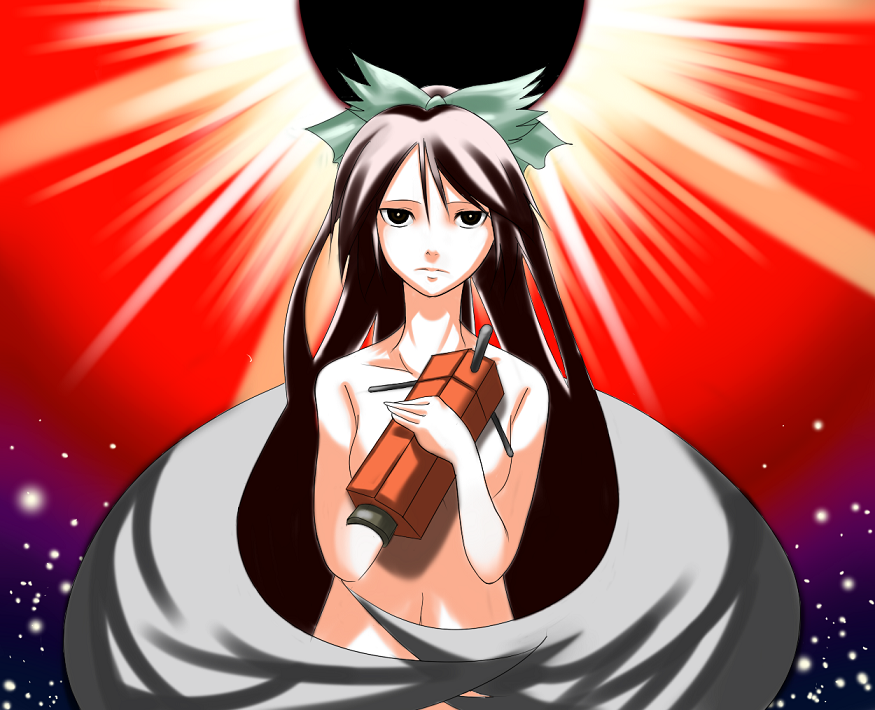 ppr, reiuji utsuho, touhou, bad id, bad pixiv id, 1girl, arm cannon, completely nude, female focus, long hair, nude, ribbon, solo, weapon, wings