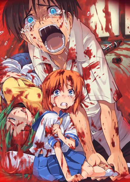 maebara keiichi, ryuuguu rena, sonozaki mion, sonozaki shion, higurashi no naku koro ni, onikakushi-hen, 00s, 1boy, 2girls, baseball bat, blood, blue eyes, crazy eyes, death, feet, guro, injury, multiple girls, scared, socks, tears, weapon