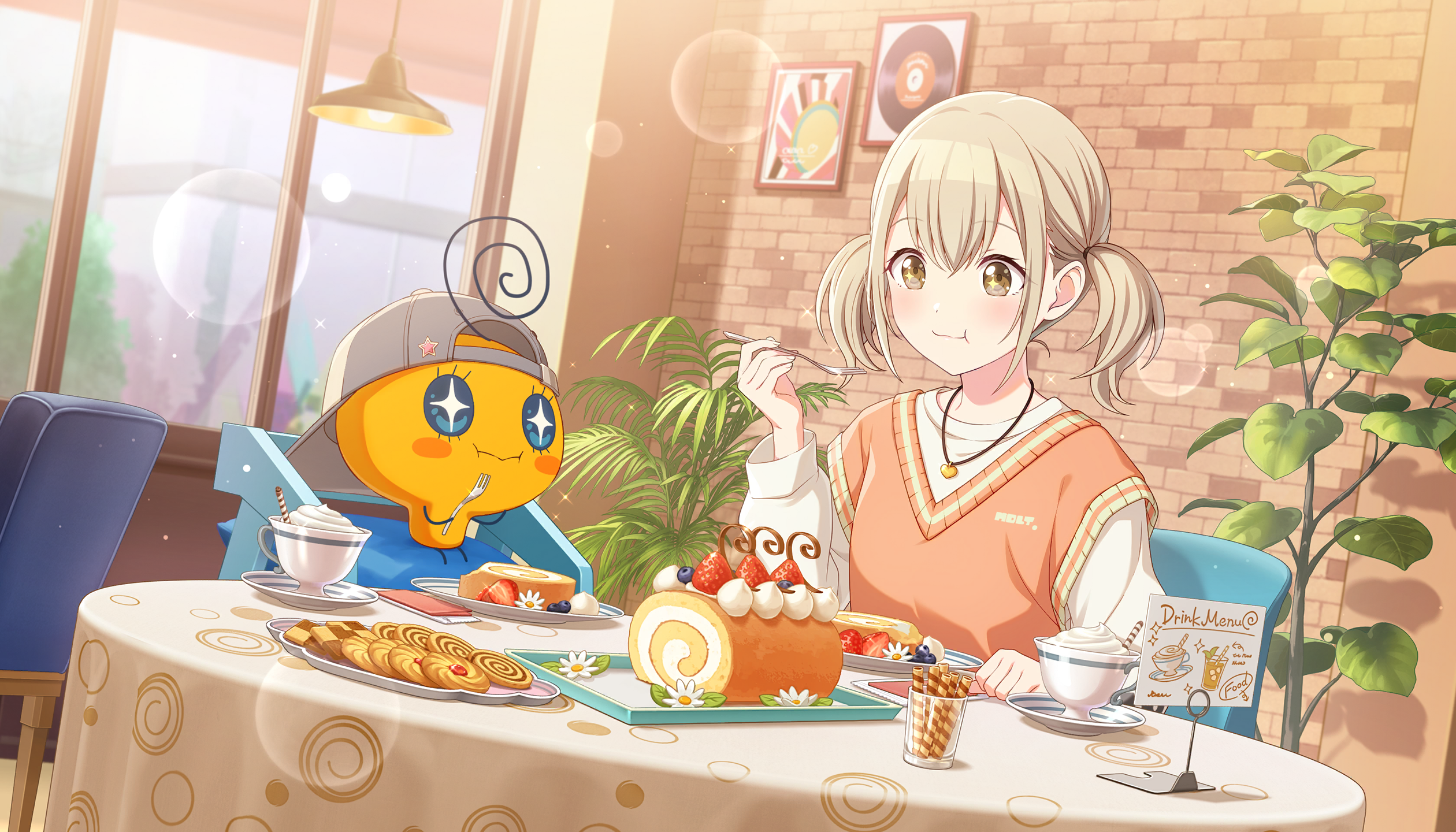 colorful palette, azusawa kohane, project sekai, tamagotchi, game cg, highres, official art, third-party source, 1girl, :t, backwards hat, blonde hair, blueberry, blurry, blush, bokeh, cake, chair, cookie, cream, depth of field, drink, eating, flower, food, fork, fruit, grey hat, hat, heart, heart necklace, holding, holding fork, jewelry, memetchi, necklace, pink sweater vest, plant, plate, potted plant, shirt, sitting, star-shaped pupils, star (symbol), strawberry, sweater vest, swiss roll, symbol-shaped pupils, tamagotchi (creature), tray, twintails, vinyl record, white flower, white shirt, yellow eyes
