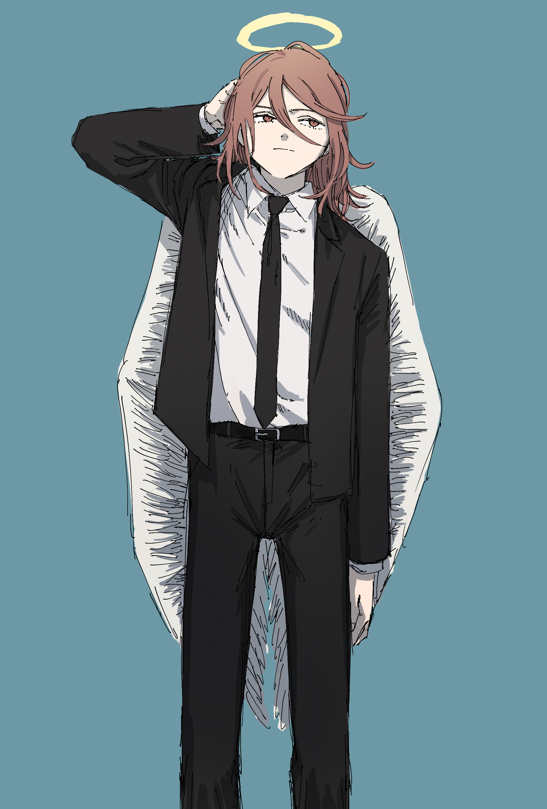 krmtknkoo1582, angel devil (chainsaw man), chainsaw man, absurdres, commentary request, highres, 1boy, angel, angel wings, belt, belt buckle, black belt, black jacket, black necktie, black pants, black suit, blazer, blue background, bored, buckle, business suit, closed mouth, collared jacket, collared shirt, dress pants, eyelashes, feathered wings, feet out of frame, fingernails, formal clothes, frown, hair between eyes, halo, hand on own head, jacket, lapels, layered sleeves, long hair, long hair between eyes, long sleeves, looking ahead, male focus, necktie, notched lapels, open clothes, open jacket, orange eyes, orange hair, pants, scratching head, shirt, simple background, solo, suit, swept bangs, traditional halo, white shirt, white wings, wings, yellow halo