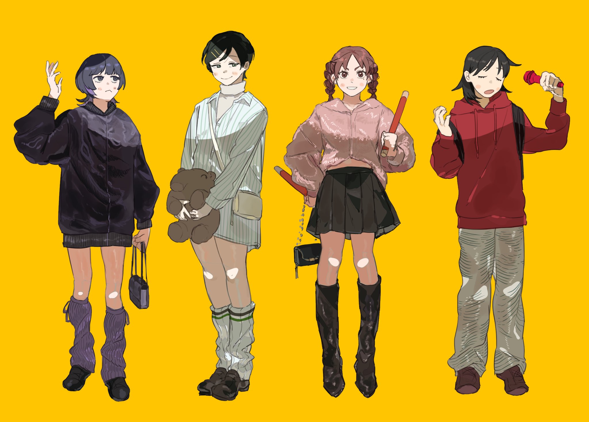 fujii ayame, hatono chihiro, heartbreak (futsuu no keion-bu), kouyama rin, uchida momo, futsuu no keion-bu, braided twintails, commentary, highres, 4girls, :<, :o, backpack, bag, baggy clothes, black boots, black hair, black jacket, black shoes, black skirt, blunt bangs, blush, boots, braid, brown hair, casual, closed eyes, collared shirt, dress shirt, drumsticks, grey pants, hair ornament, hairpin, hand up, handbag, hands up, holding, holding bag, holding drumsticks, holding microphone, holding stuffed toy, hood, hood down, hoodie, jacket, kakko oo, loose socks, microphone, midriff peek, mole, mole under eye, multiple girls, official alternate costume, official alternate hairstyle, pants, pink jacket, pixie cut, pleated skirt, purple eyes, purple hair, purple socks, red hoodie, ribbed socks, self-doubt animal (futsuu no keion-bu), shirt, shoes, short hair, shoulder bag, simple background, skirt, smile, socks, stuffed animal, stuffed toy, sweater, sweater under shirt, taiko sticks, turtleneck, turtleneck sweater, twin braids, twintails, u u, v-shaped eyebrows, white sweater, wolf cut, yellow background