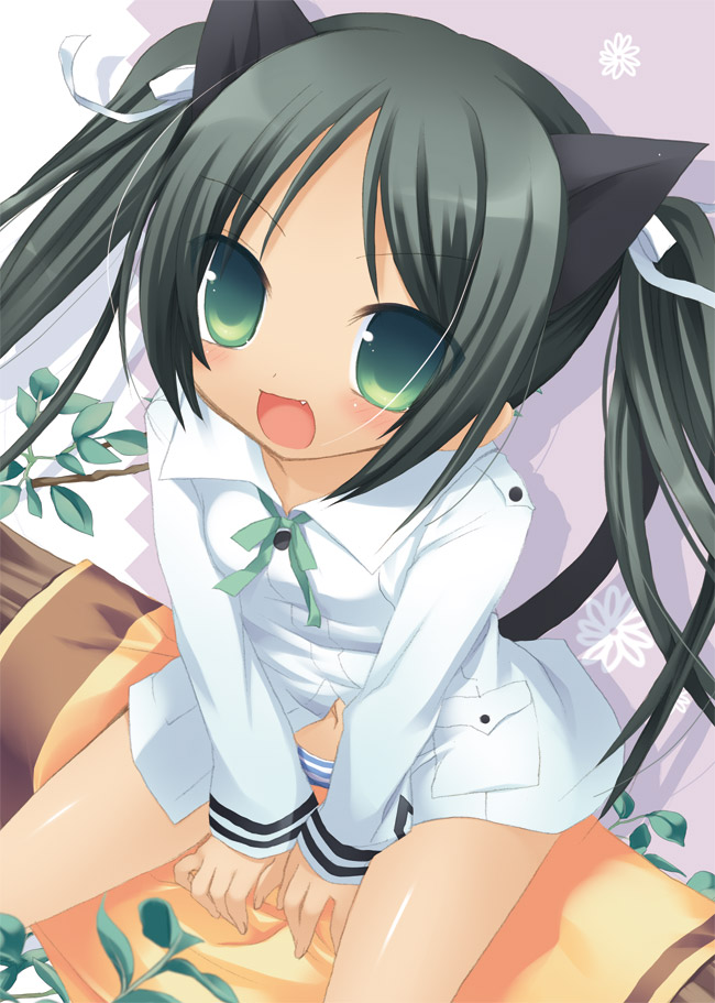 sazaki ichiri, francesca lucchini, strike witches, world witches series, 00s, 1girl, animal ears, black hair, fang, female focus, green eyes, loli, navel, panties, sitting, solo, striped clothes, striped panties, tail, twintails, underwear