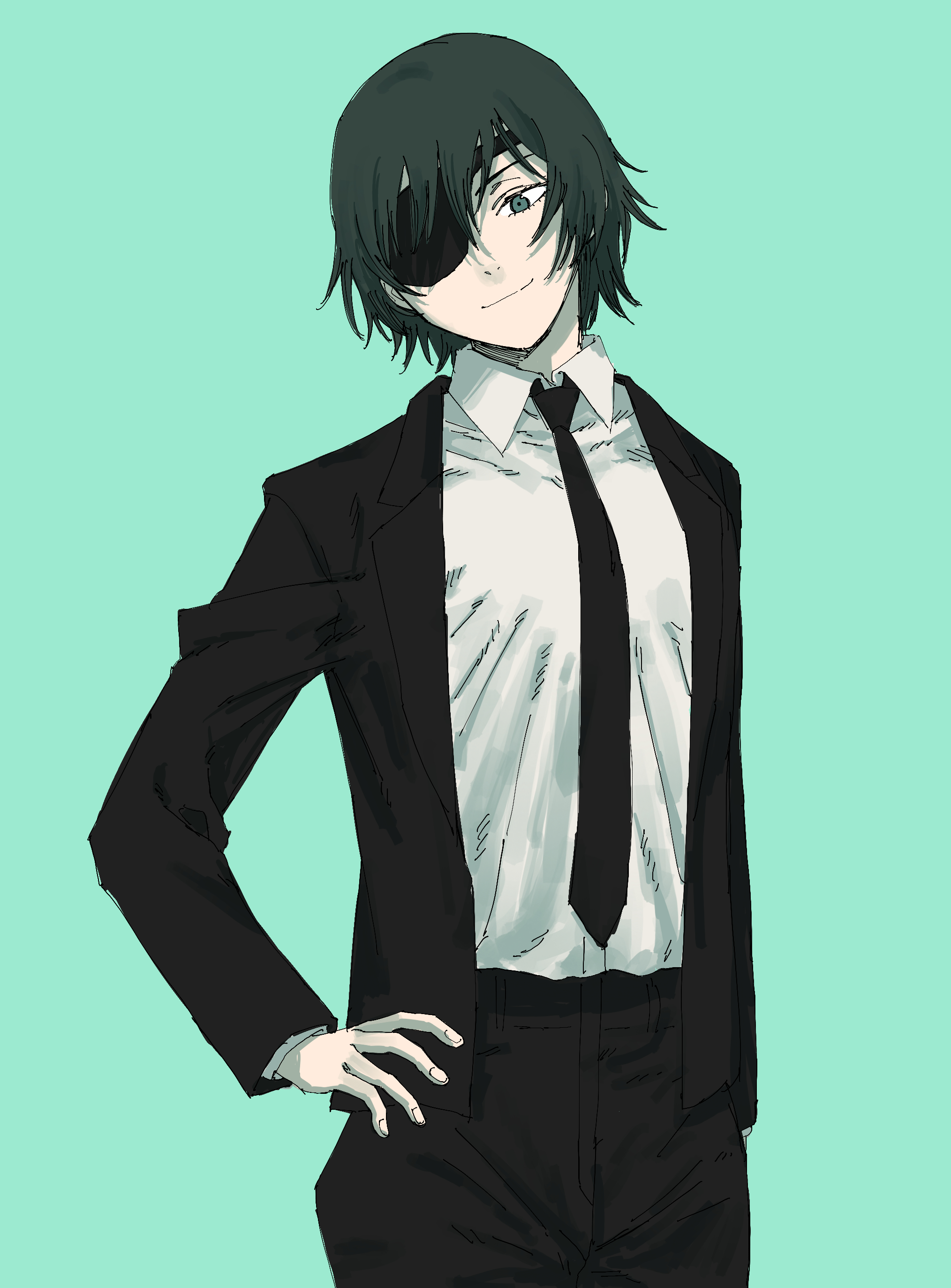 krmtknkoo1582, himeno (chainsaw man), chainsaw man, absurdres, commentary request, highres, 1girl, aqua background, belt, black belt, black jacket, black necktie, black pants, black suit, blazer, blue eyes, breasts, business suit, closed mouth, collared jacket, collared shirt, cowboy shot, dress pants, eyelashes, eyepatch, formal clothes, green hair, hair between eyes, hand on own hip, happy, head tilt, jacket, lapels, layered sleeves, long sleeves, looking at viewer, necktie, nostrils, notched lapels, open clothes, open jacket, pants, shirt, short hair, simple background, smile, solo, stanidng, suit, tight clothes, tight shirt, white shirt
