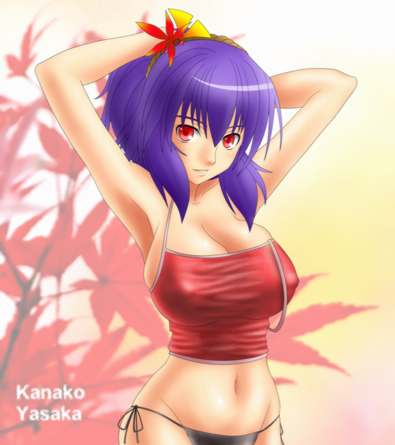 five-seven (0verlimits), yasaka kanako, touhou, 1girl, alternate costume, armpits, breasts, cleavage, contemporary, covered erect nipples, curvy, female focus, groin, hair ornament, huge breasts, leaf, leaf hair ornament, navel, panties, purple hair, red eyes, rope, short hair, side-tie panties, solo, underwear