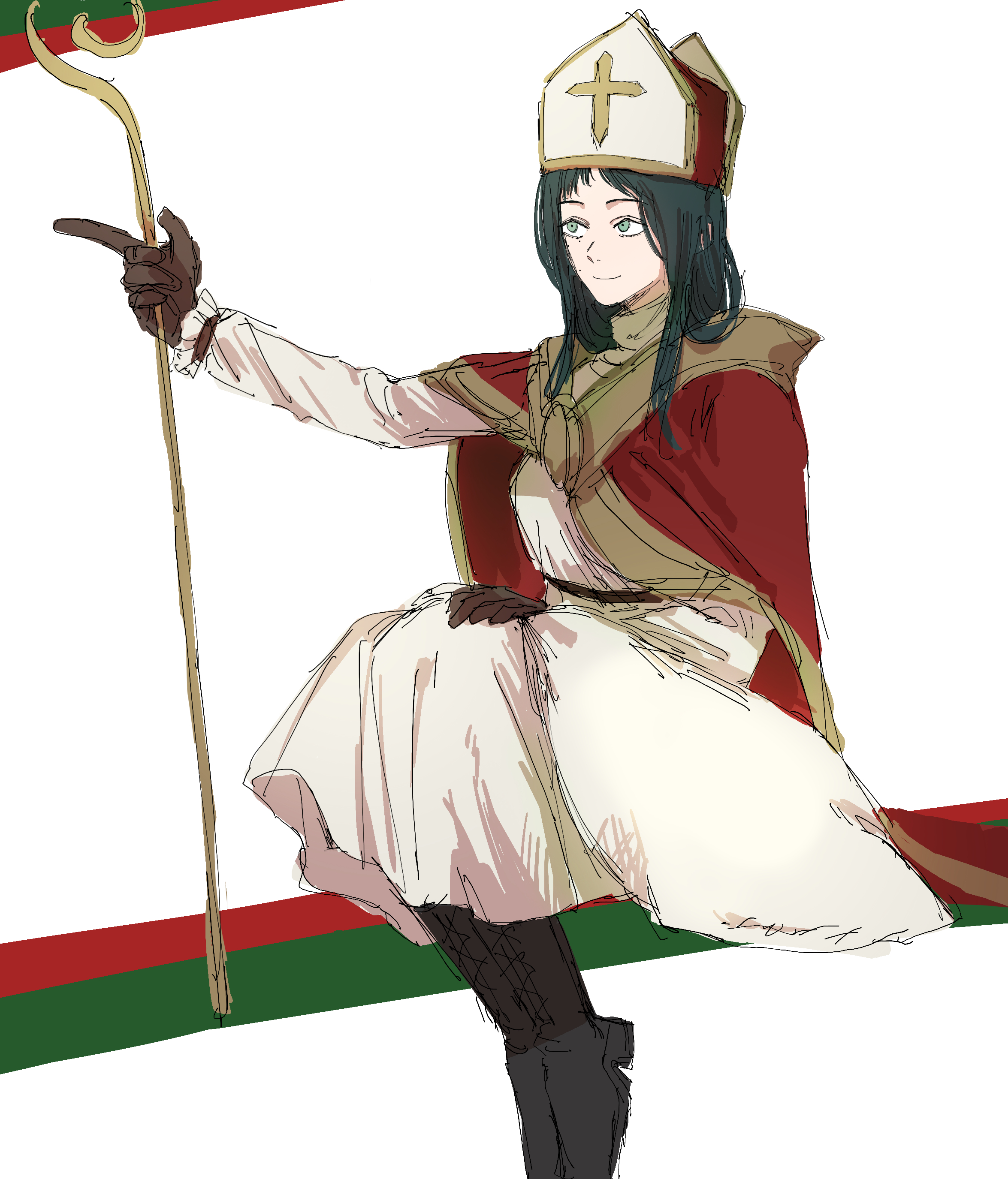 krmtknkoo1582, absurdres, character request, commentary request, copyright request, highres, 1girl, black pants, blue hair, boots, brown gloves, cloak, dress, frilled sleeves, frills, full body, gloves, grey boots, hand on lap, happy, hat, holding, holding staff, long hair, long sleeves, medium dress, mitre, outstretched arm, pants, pointing, pointing forward, red cloak, russian clothes, sidelocks, sitting, solo, staff, white background, white dress, white hat