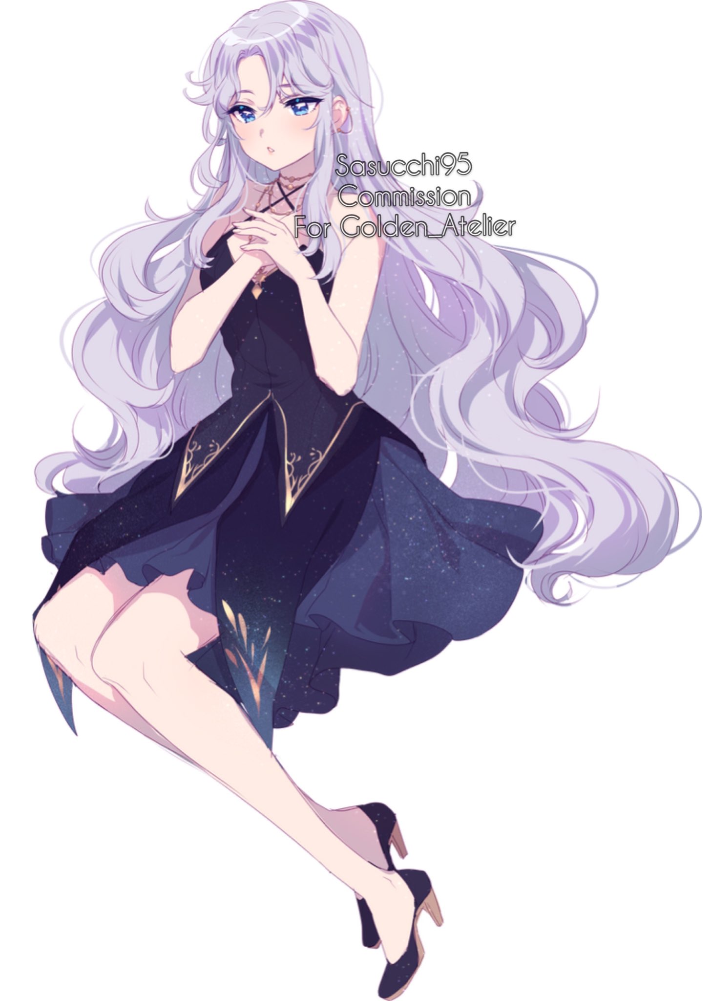 sasucchi95, original, commentary, commission, english commentary, highres, 1girl, artist name, bare arms, bare legs, bare shoulders, black dress, black shoes, blue eyes, blush, breasts, criss-cross halter, crossed ankles, dress, full body, gold necklace, grey hair, hair between eyes, halterneck, hands up, high heels, invisible chair, jewelry, jitome, light particles, long hair, medium dress, necklace, own hands together, parted lips, shoes, simple background, sitting, sleeveless, sleeveless dress, small breasts, solo, very long hair, watermark, wavy hair, white background