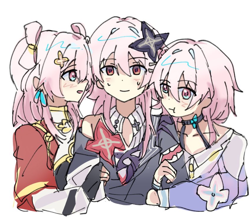 evernight (honkai: star rail), march 7th (honkai: star rail), march 7th (hunt) (honkai: star rail), march 7th (preservation) (honkai: star rail), honkai: star rail, honkai (series), 3girls, akitoo1476081, black choker, black dress, black flower, black gloves, blue eyes, blue jacket, blush, buttons, chinese clothes, choker, closed mouth, clothing cutout, collarbone, collared dress, collared shirt, dress, earrings, empty eyes, fingerless gloves, flower, flower ornament, gloves, hair between eyes, hair flower, hair ornament, hairclip, jacket, jewelry, long hair, long sleeves, looking at another, mandarin collar, multicolored eyes, multiple girls, multiple persona, official alternate costume, official alternate hairstyle, open clothes, open mouth, pink hair, puffy long sleeves, puffy sleeves, purple eyes, red eyes, red flower, red shrug, selfcest, shirt, shoulder cutout, shrug (clothing), shuangyaji, sidelocks, simple background, single bare shoulder, single earring, smile, sweatdrop, two-tone dress, upper body, white background, white dress, white flower, white shirt, yellow flower, yuri