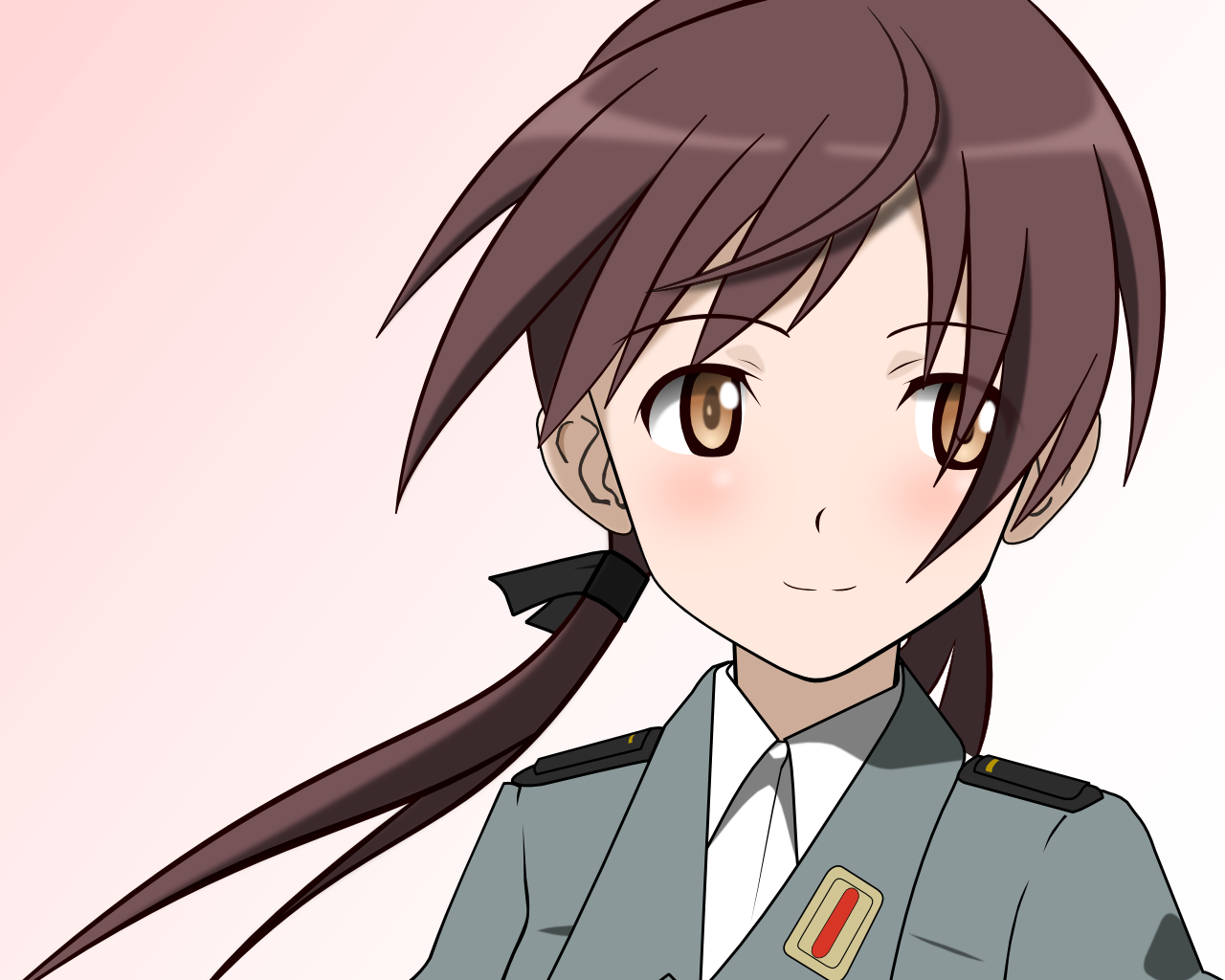 gertrud barkhorn, strike witches, world witches series, uniform, derivative work, vector trace, 00s, 1girl, blush, brown eyes, brown hair, female focus, portrait, smile, solo, twintails