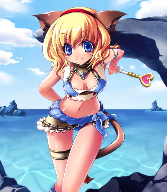 uni (pixiv), uni (uniuni5), mithra (ff11), final fantasy, final fantasy xi, 00s, 1girl, animal ears, bikini, blonde hair, blue eyes, breasts, cat ears, cat girl, cat tail, day, female focus, ocean, outdoors, sky, solo, swimsuit, tail, tankini, thigh strap, wand