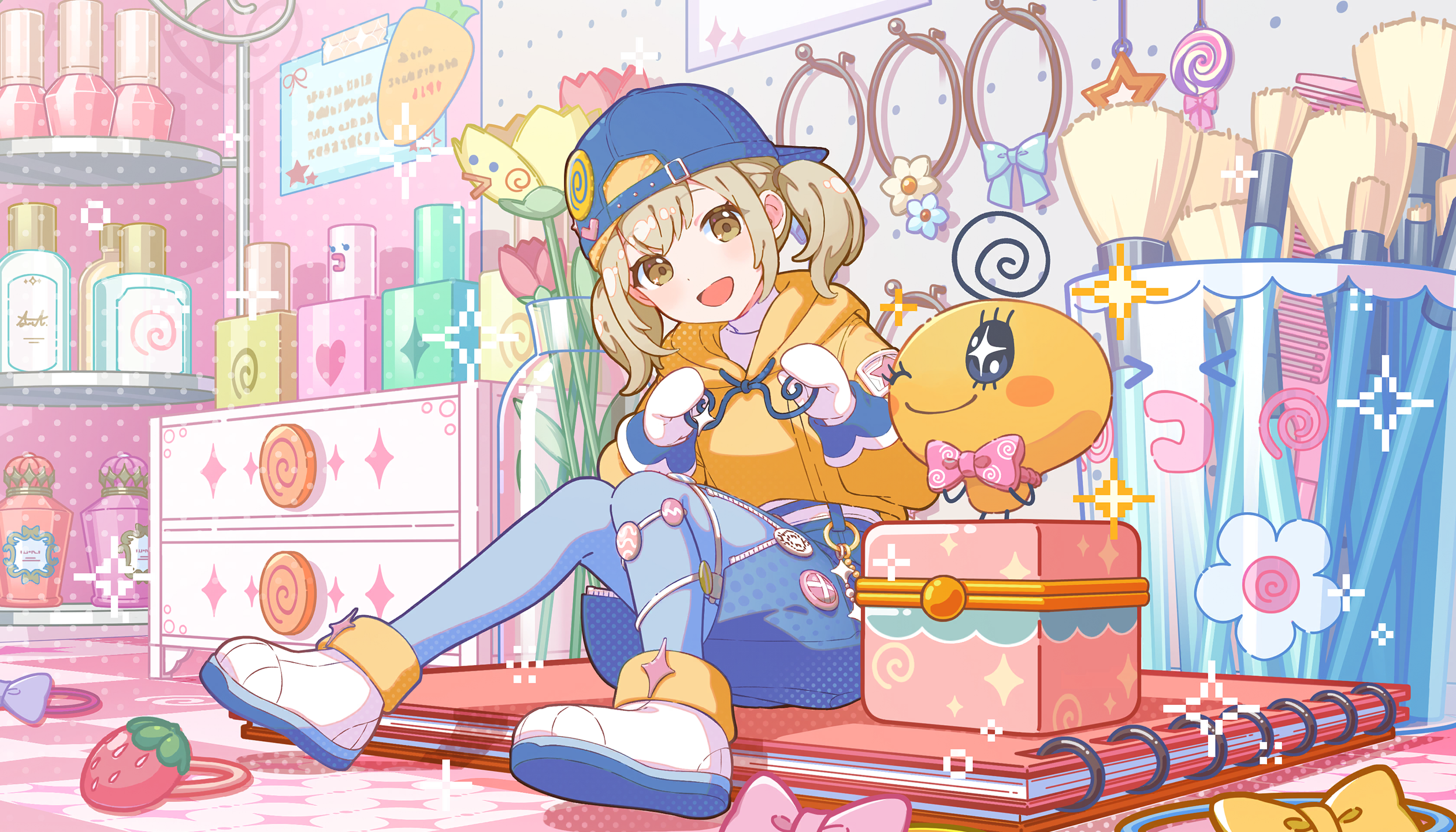 colorful palette, azusawa kohane, project sekai, tamagotchi, game cg, highres, official art, third-party source, > <, 1girl, :d, ;), backwards hat, blonde hair, blue bow, blue flower, blue hat, blue pantyhose, blue skirt, bow, brown eyes, candy, carrot, flower, food, fruit, full body, hair tie, hat, hood, hoodie, lollipop, makeup brush, medium hair, memetchi, one eye closed, open mouth, pantyhose, shoes, sitting, skirt, smile, star-shaped pupils, star (symbol), strawberry, symbol-shaped pupils, tamagotchi (creature), tape, twintails, white flower, white shoes, yellow hoodie