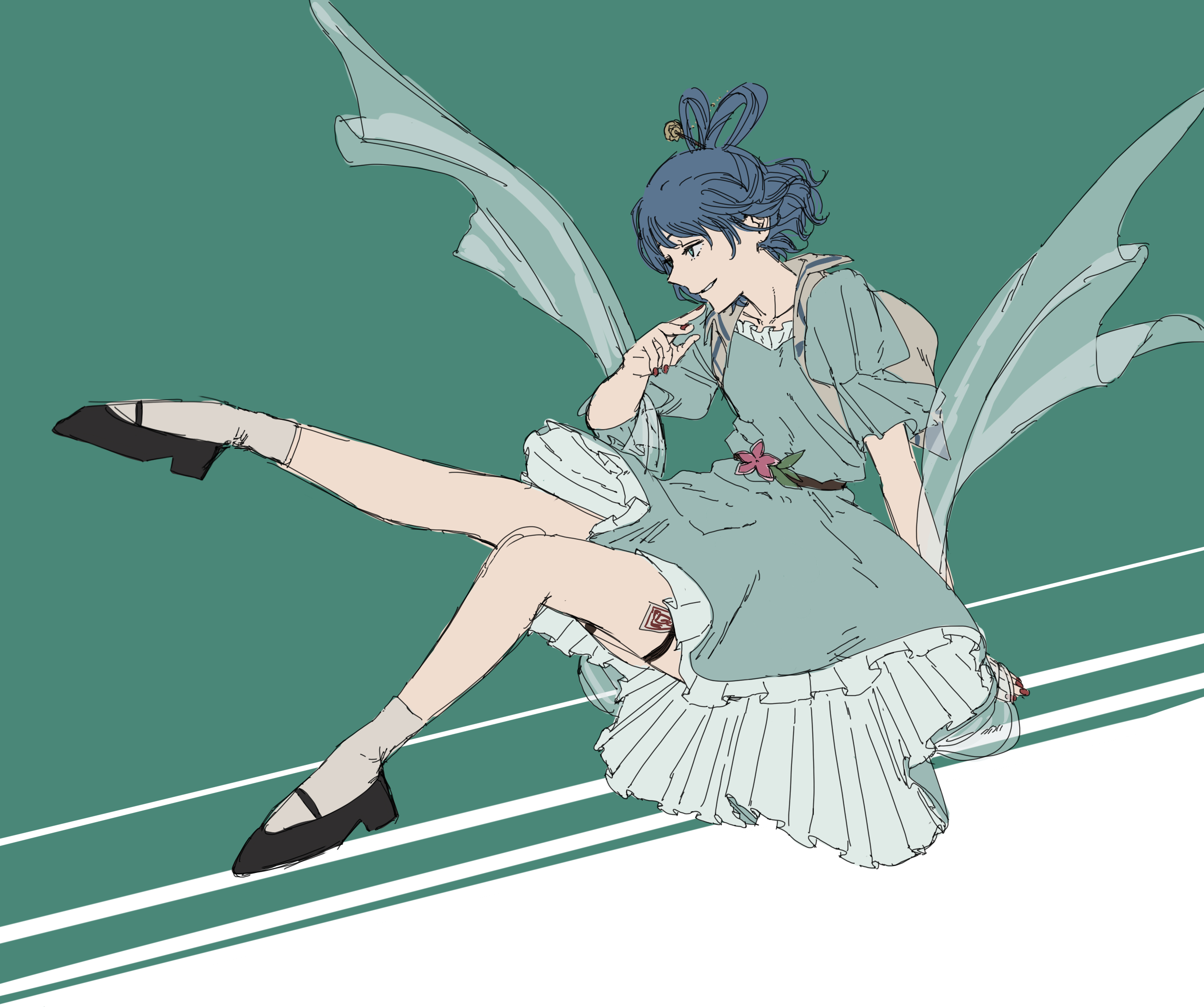 krmtknkoo1582, kaku seiga, touhou, commentary request, highres, 1girl, aqua background, aqua dress, bare arms, black shoes, blue eyes, blue hair, bow-shaped hair, collared vest, dress, eyelashes, finger to own chin, flat color, floating, floating clothes, floating hair, frilled dress, frilled sleeves, frills, full body, grey socks, grey vest, hagoromo, hair ornament, hair rings, hairpin, looking at viewer, mary janes, medium dress, nail polish, ofuda, open clothes, open vest, parted lips, pointy nose, puffy short sleeves, puffy sleeves, red nails, shawl, shoes, short hair, short sleeves, smirk, smug, socks, solo, teeth, thigh strap, two-tone background, vest, wavy hair, white background
