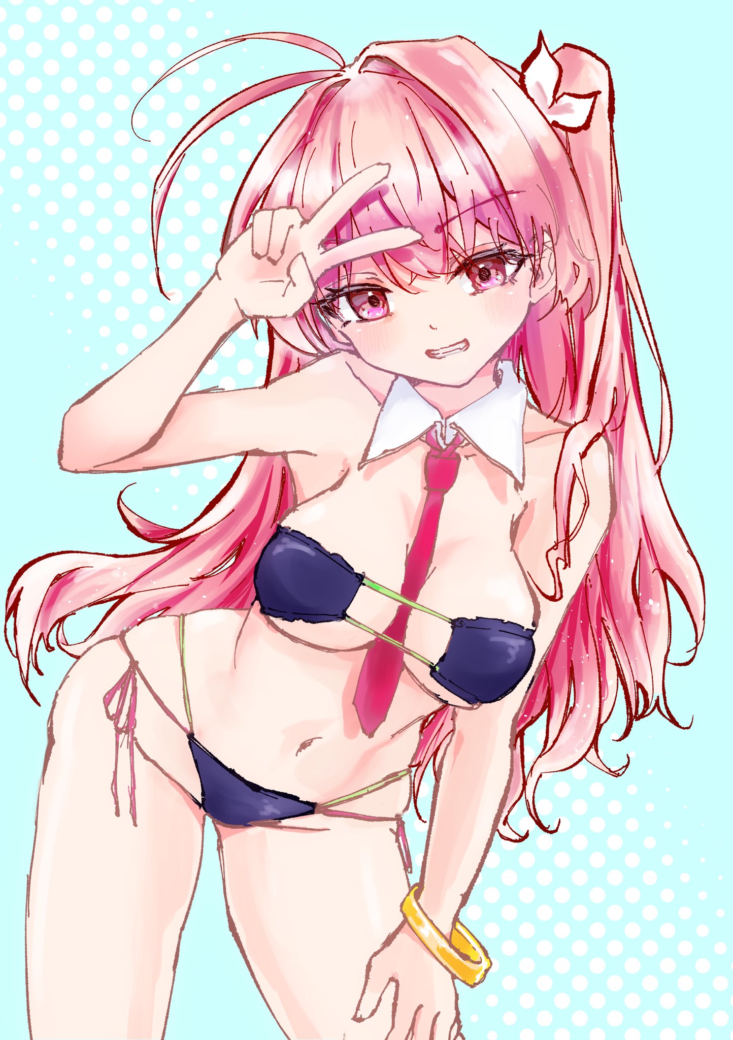 sakihata rimi, seira orgel, blood tune, chaos;head, science adventure, highres, 1girl, ahoge, between breasts, bikini, bow, breasts, cheren r, clenched teeth, cosplay, embarrassed, fang, grin, groin, hair bow, long hair, looking at viewer, medium breasts, navel, necktie, necktie between breasts, one side up, pink eyes, pink hair, red necktie, salute, seira orgel (cosplay), sketch, smile, solo, swimsuit, teeth, v