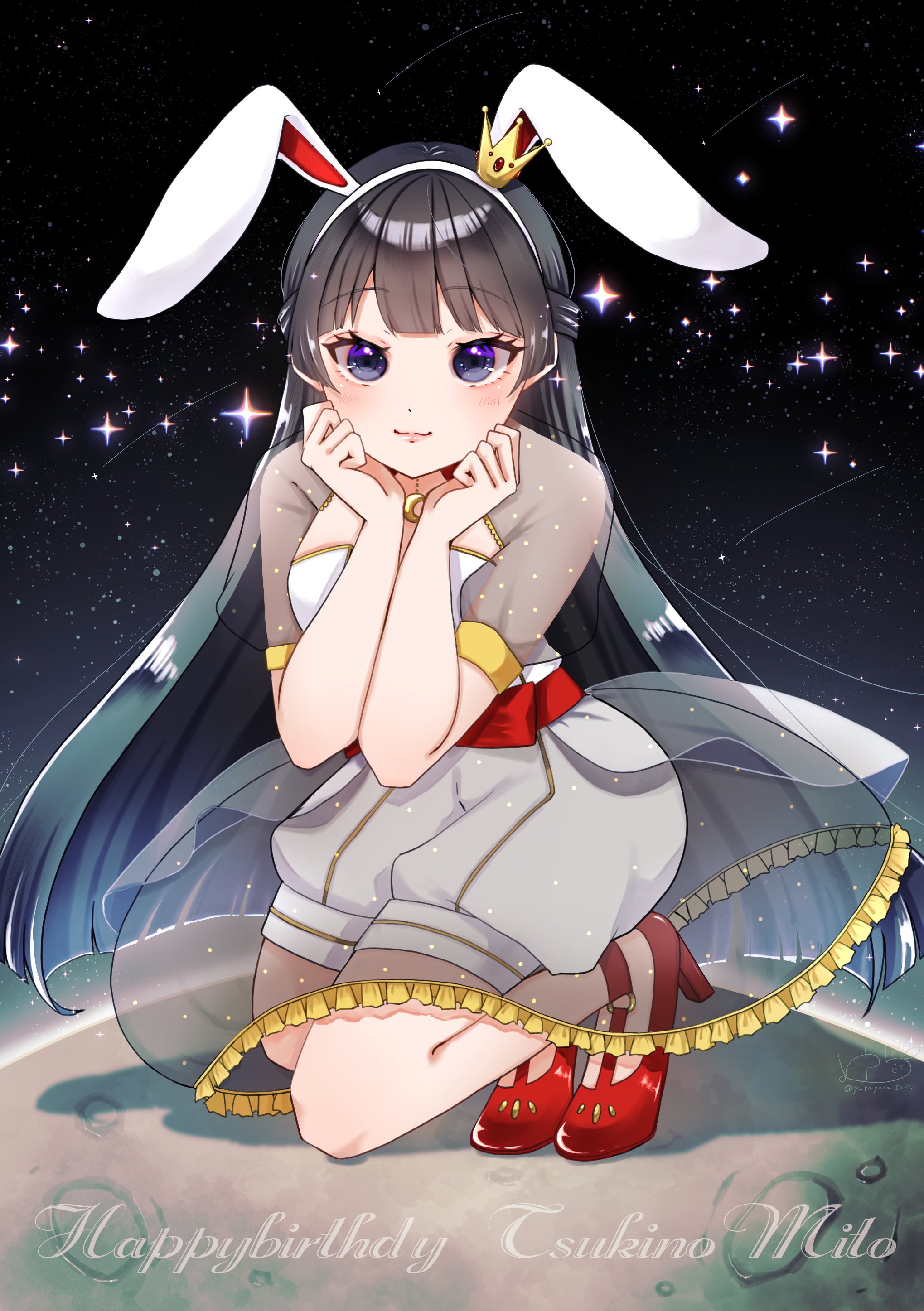 tsukino mito, tsukino mito (moon princess), nijisanji, absurdres, commentary request, highres, 1girl, animal ear hairband, animal ears, belt, black hair, blunt ends, blush, breasts, character name, closed mouth, crescent pendant, crown, dot nose, eyelashes, fake animal ears, frilled skirt, frills, full body, grey skirt, hairband, hands on own cheeks, hands on own face, hands up, happy birthday, high heels, kneeling, lips, long hair, looking at viewer, medium breasts, medium skirt, mini crown, night, night sky, on moon, puffy short sleeves, puffy shorts, puffy sleeves, purple eyes, rabbit ear hairband, rabbit ears, red belt, red shoes, see-through clothes, see-through shrug, see-through skirt, shoes, shooting star, short sleeves, shorts, shorts under skirt, shrug (clothing), signature, skirt, sky, smile, solo, star (sky), strapless, tube top, twitter username, very long hair, virtual youtuber, watermark, white shorts, white tube top, yurayura5252